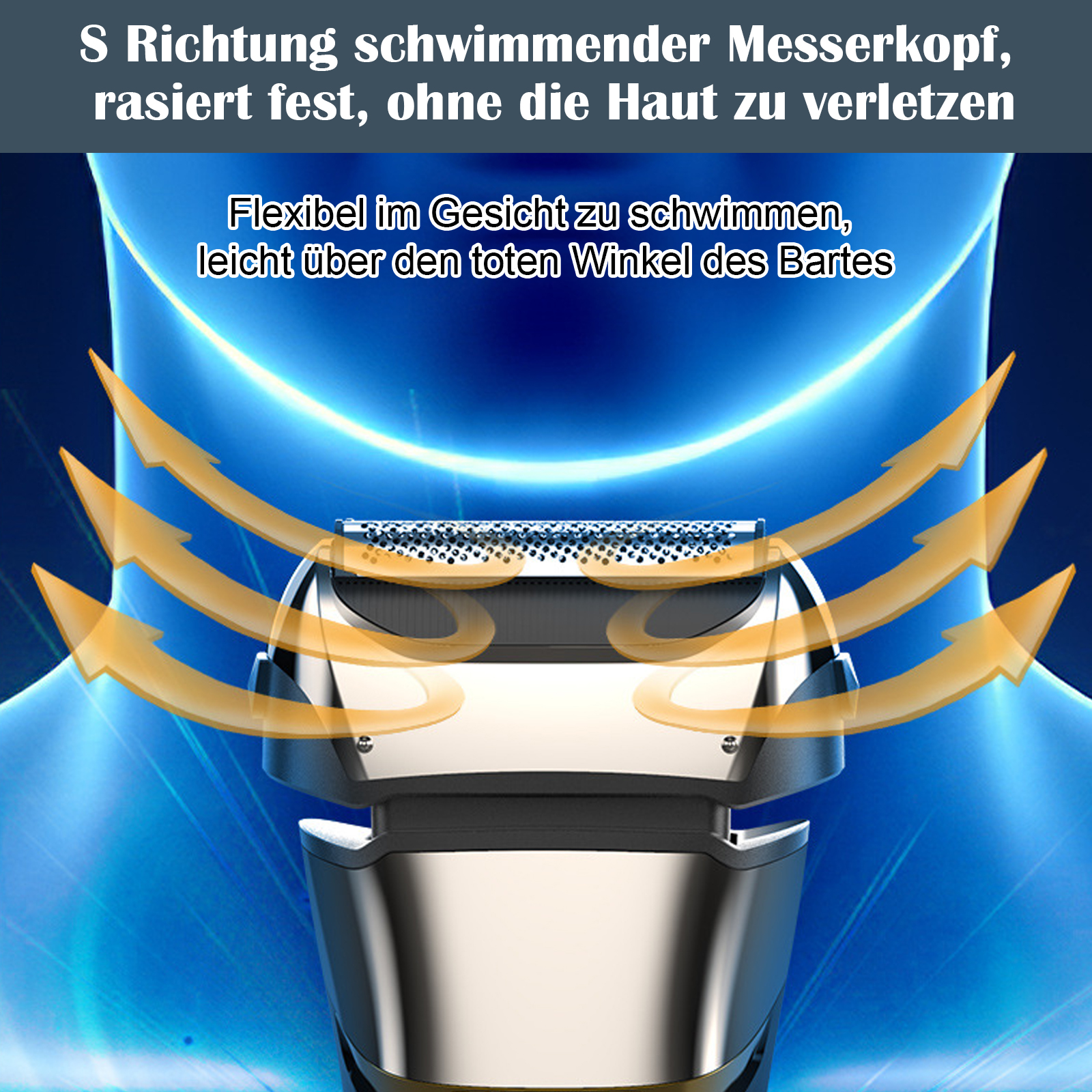 Ein Rasierer-Nahaufnahme mit Pfeilen, die die Richtung der Klingen zeigen, auf blauem Hintergrund.