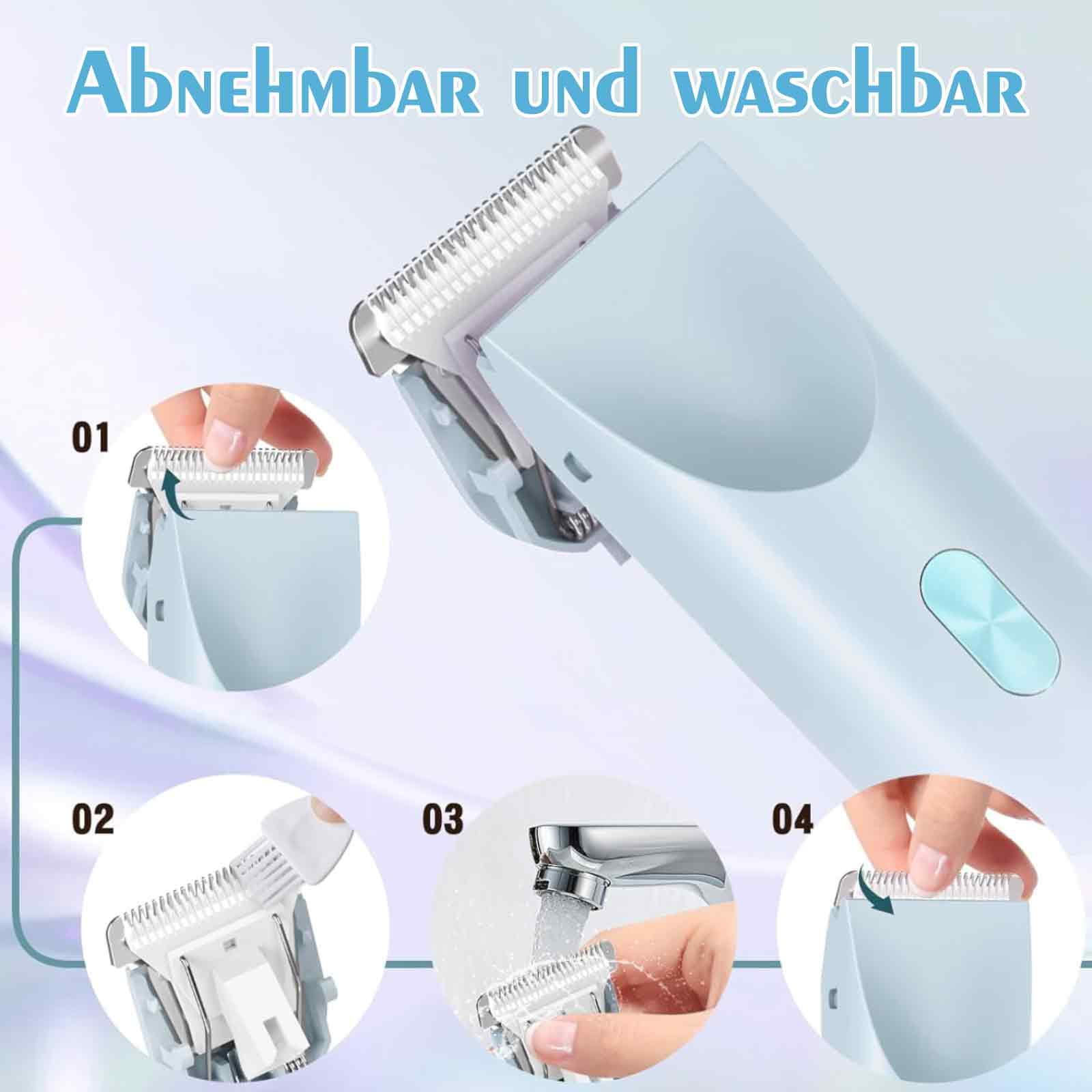 Ein weißer elektrischer Trimmer zerlegt, der die Schritte des Ablösens und Reinigens der Klingen zeigt.