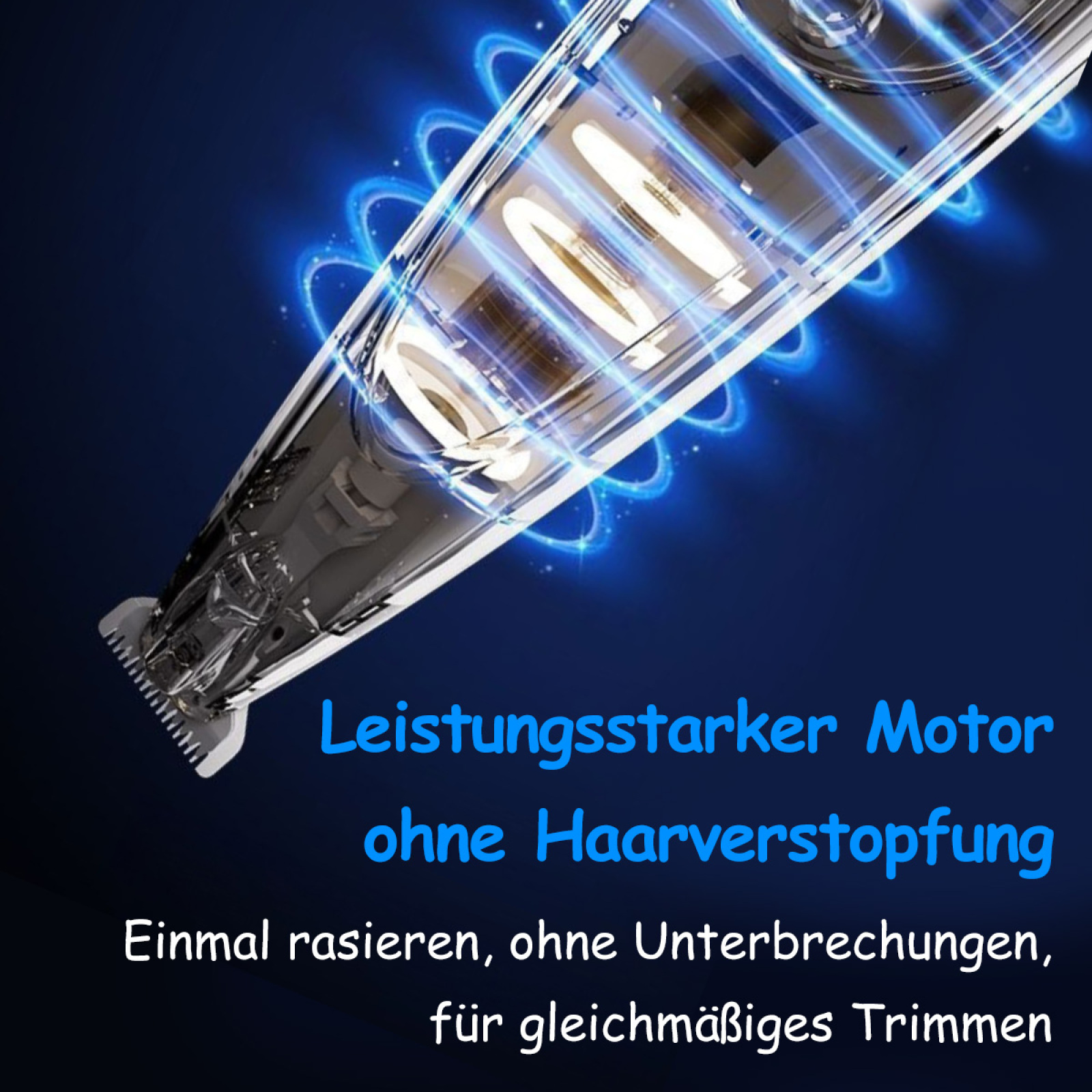 Ein elektrischer Trimmer mit offenem Blick auf die Innenteile und Text.
