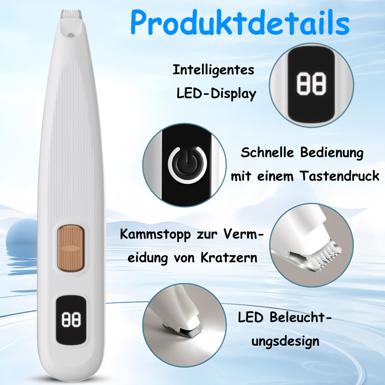 Nahaufnahme eines elektrischen Trimmers mit Digitalanzeige und Funktionen.