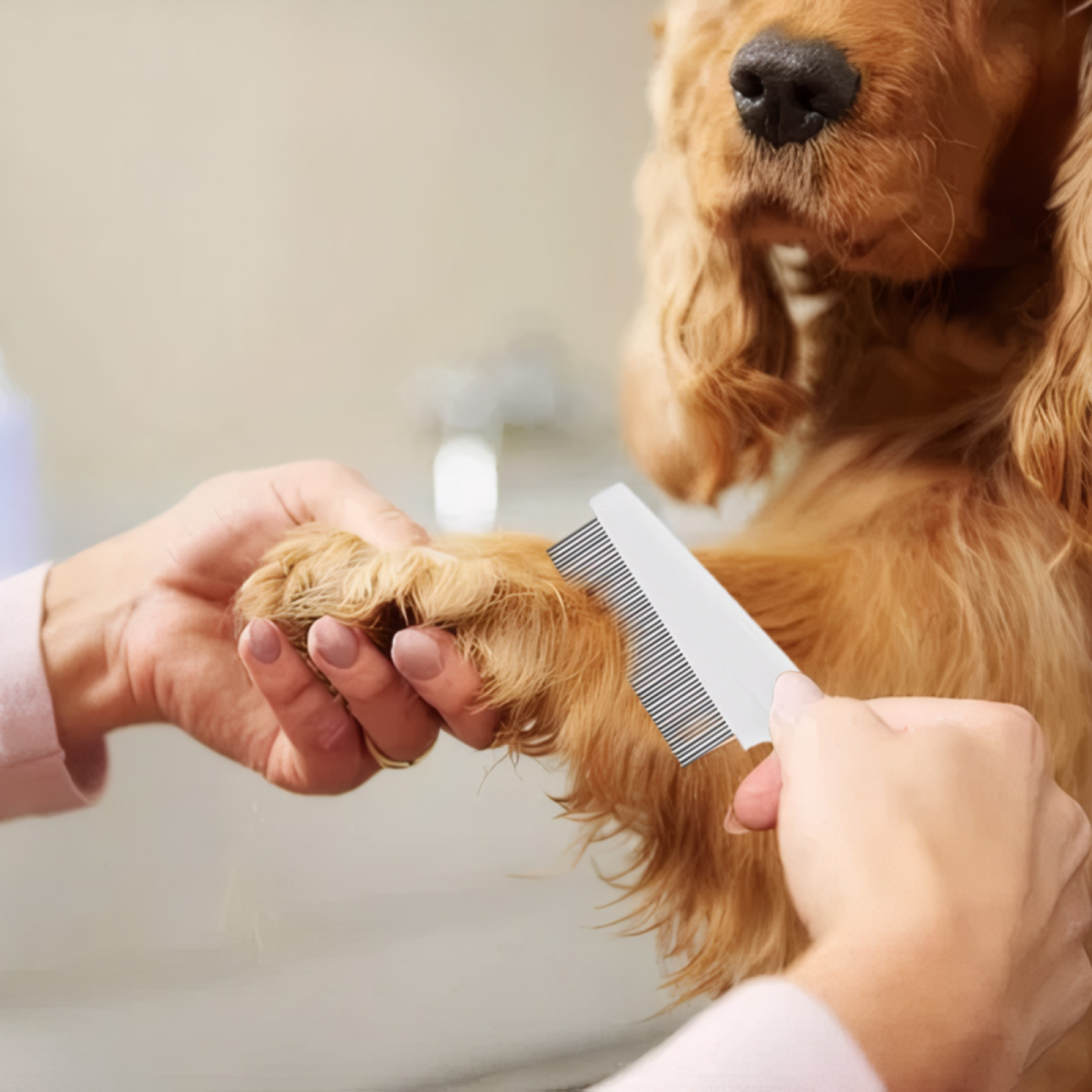 Eine Person kämmt die Pfote eines Cocker Spaniels mit einem weißen Kamm.