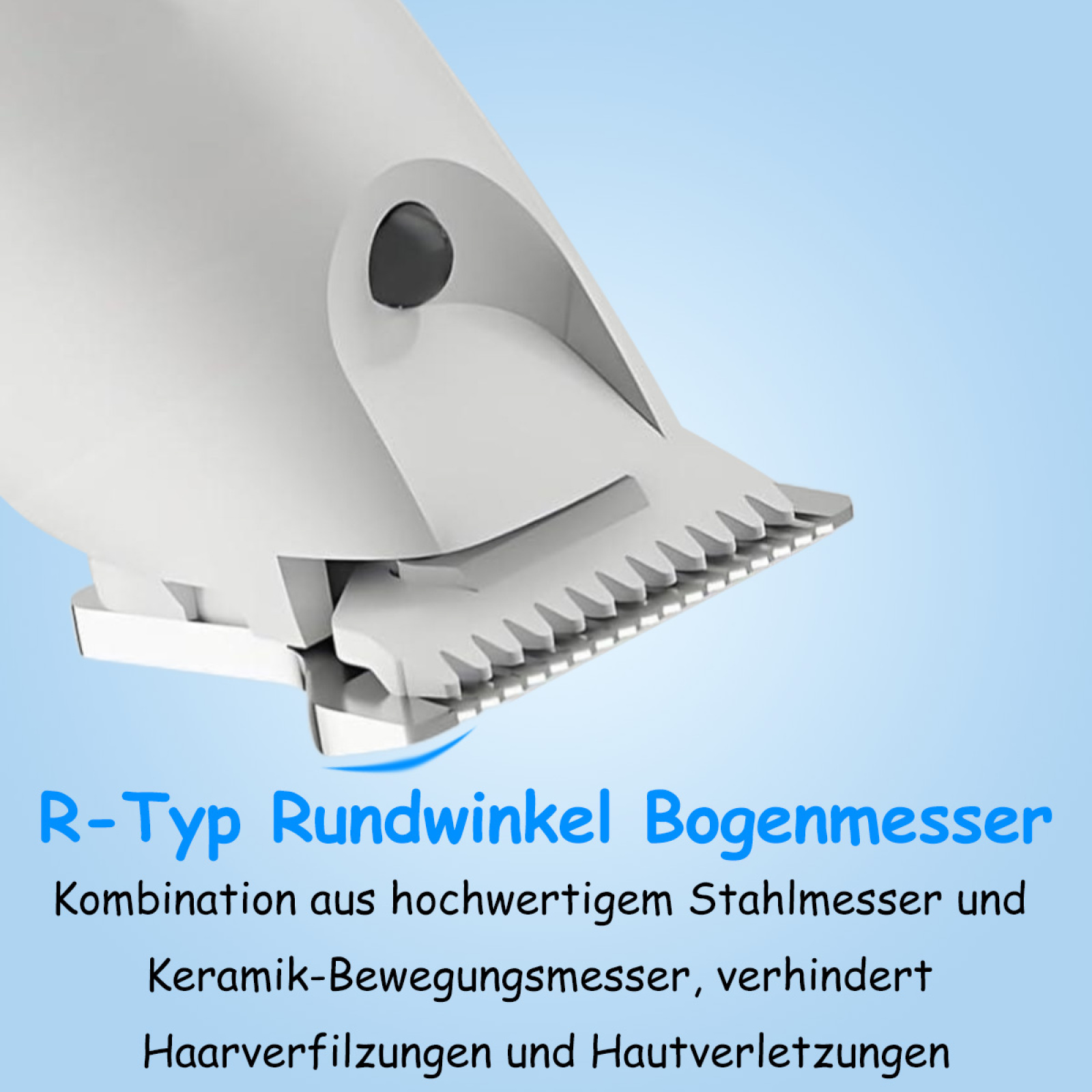 Nahaufnahme einer Trimmerklinge, Text auf Deutsch über die Klinge.
