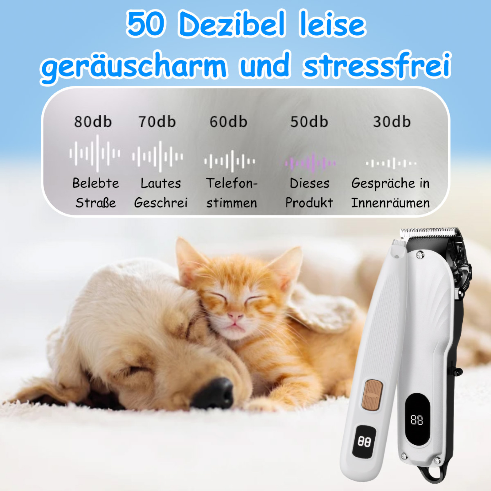 Bild mit Geräuschpegeln: Ein Hund und eine Katze schlafen in der Nähe von zwei Haarschneidemaschinen.