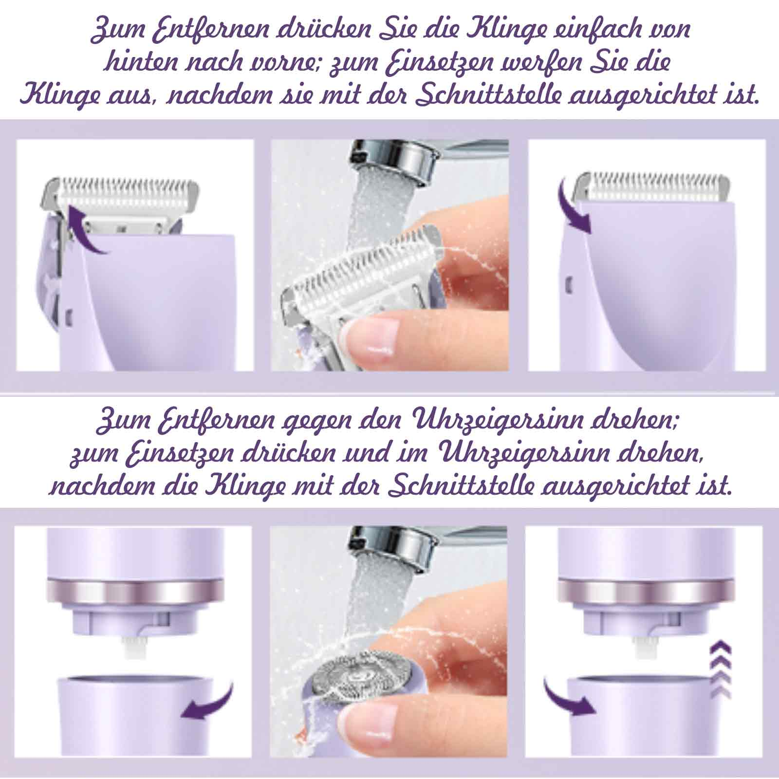 Anweisungen zum Entfernen und Installieren einer Trimmerklinge mit Wassertropfen darauf.