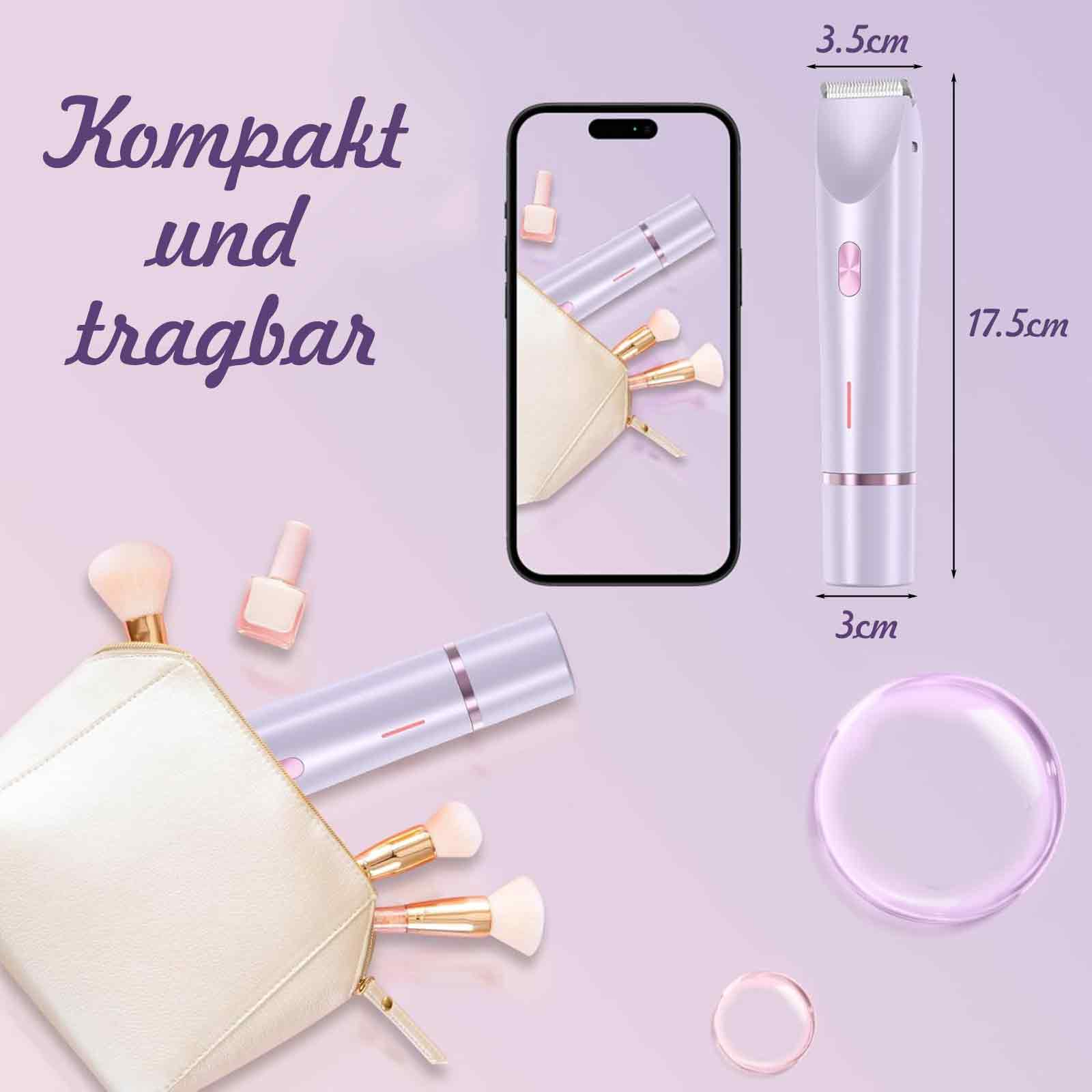 Eine Anzeige zeigt ein Telefon mit Trimmer auf dem Bildschirm und Zubehör auf lila Hintergrund.