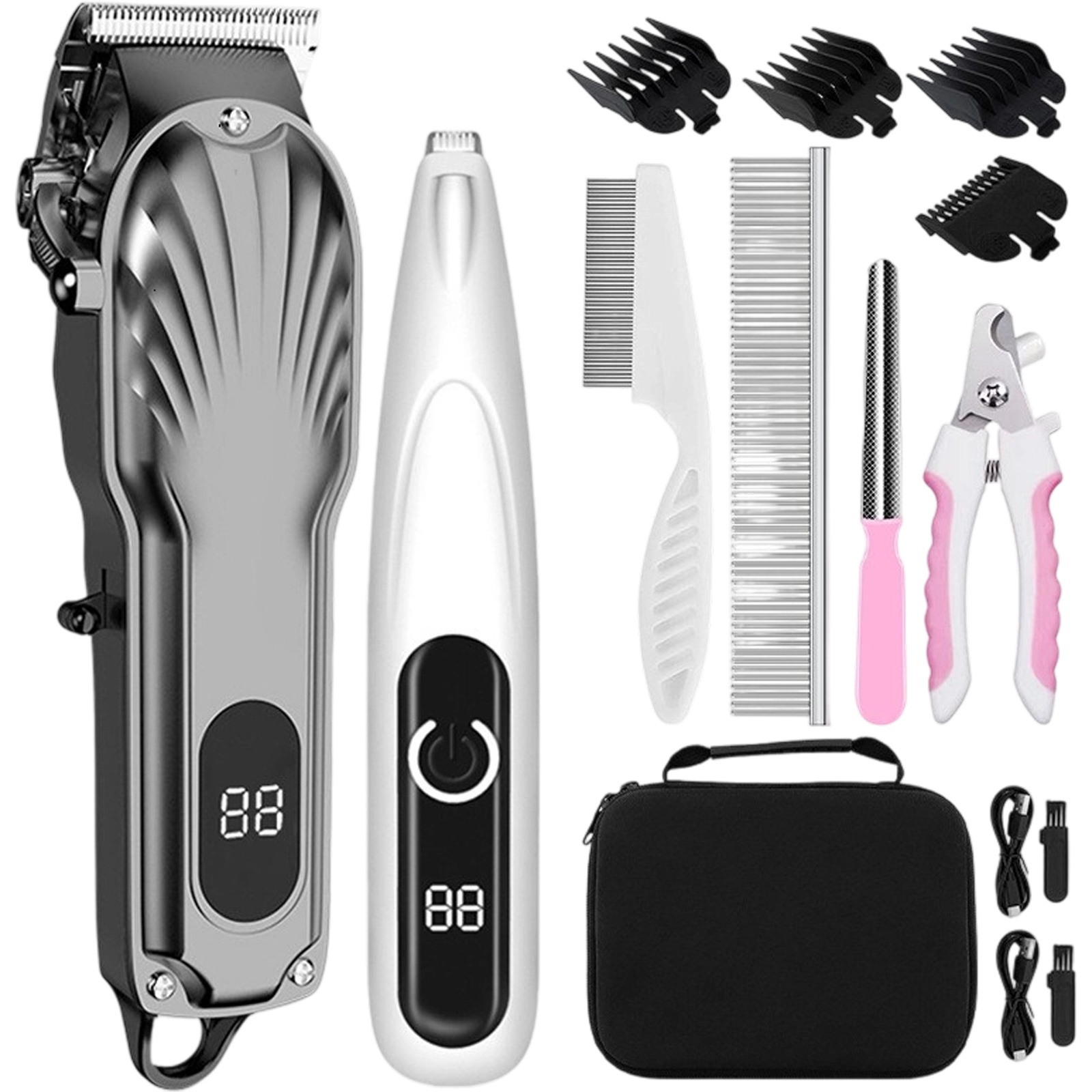 Ein Set an Tierpflege-Werkzeugen, darunter Schermaschine, Kämme, Scheren und Nagelknipser.