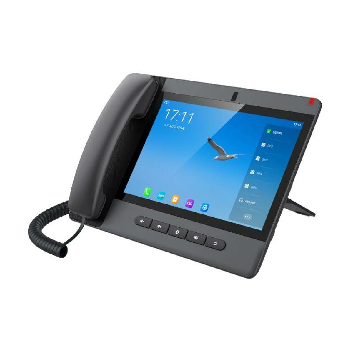 Ein graues Tischtelefon mit großem Bildschirm, der Zeit und Symbole anzeigt. Das Telefon hat einen Hörer.