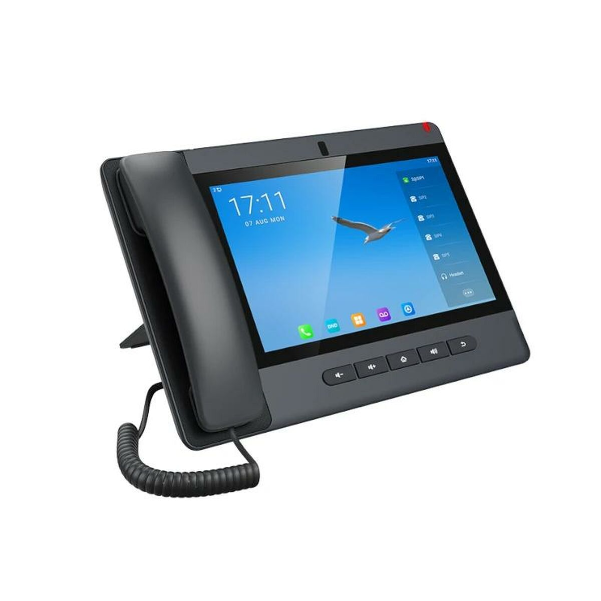 Ein graues Tischtelefon mit großem Bildschirm, der Zeit und Symbole anzeigt. Das Telefon ist schräg gestellt.