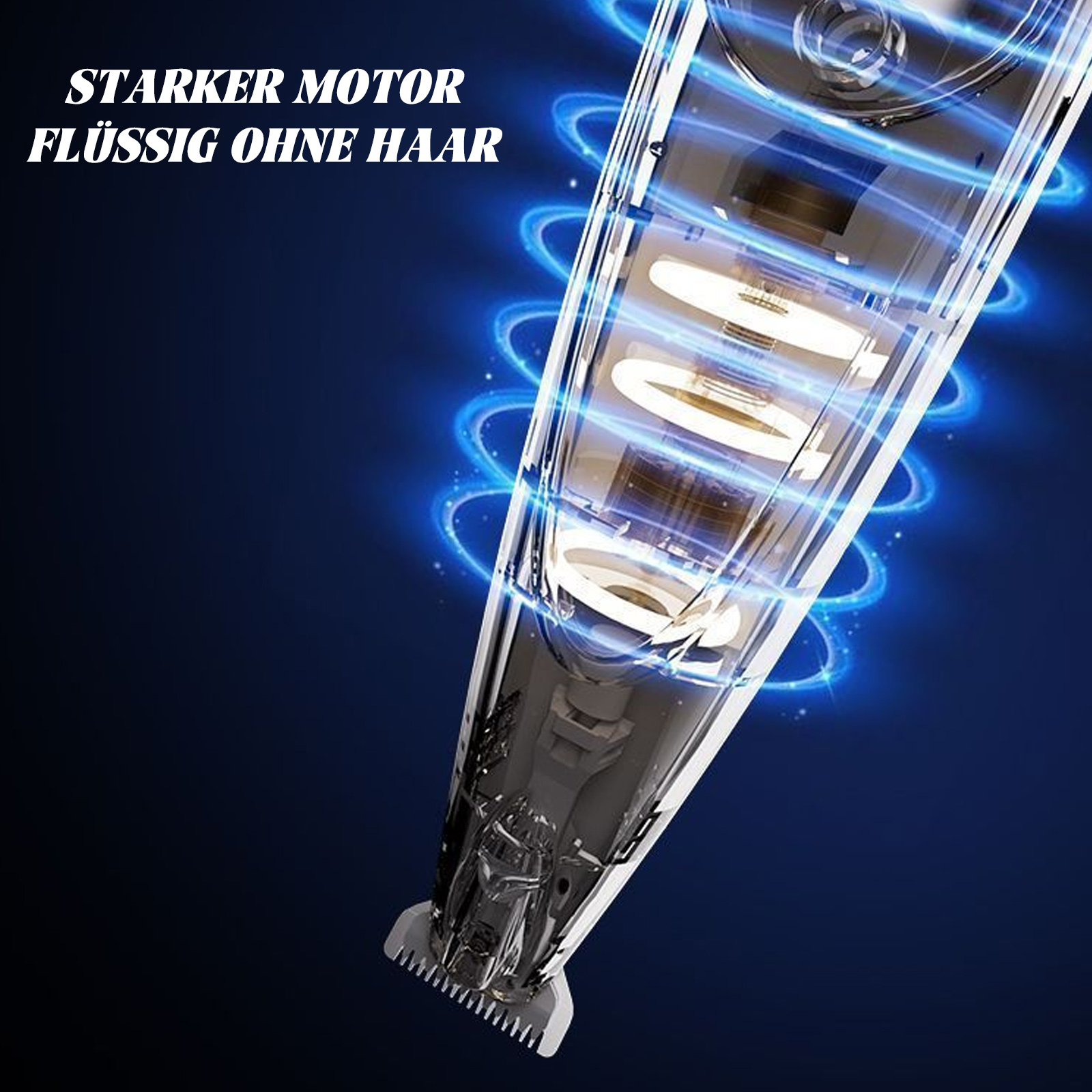 Innenansicht eines Rasierers, mit Text: starker Motor, Flüssigkeit ohne Haare.