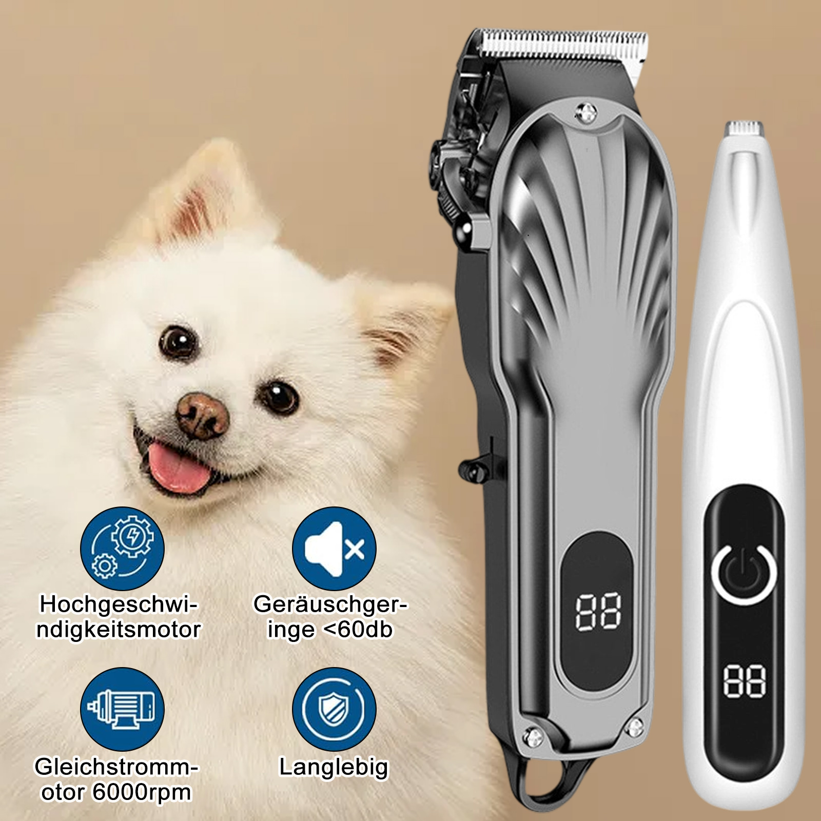 Ein Hund mit Pflegeutensilien und Text zur Förderung der Produkteigenschaften.