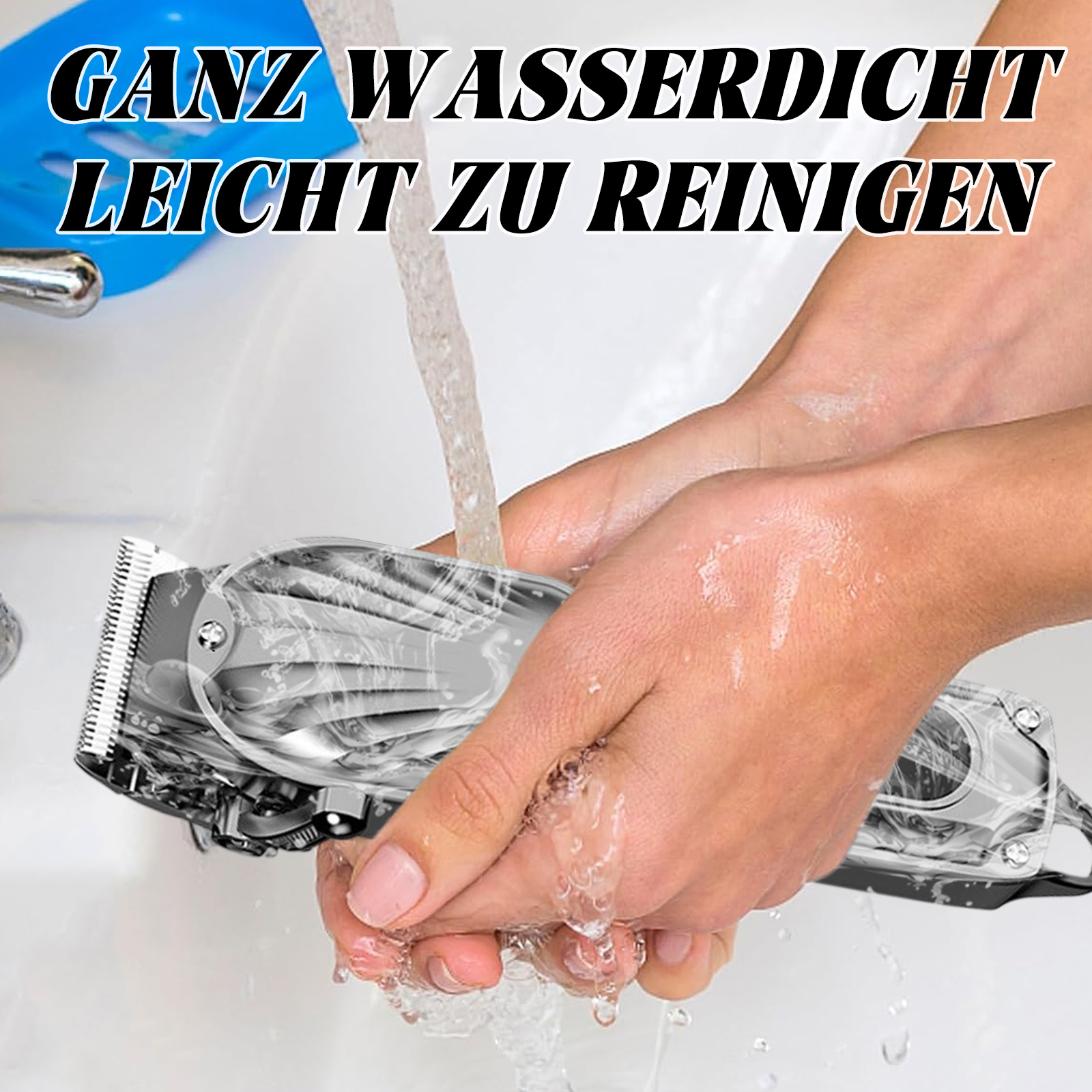 Ein Mann wäscht einen elektrischen Trimmer unter fließendem Wasser im Waschbecken.