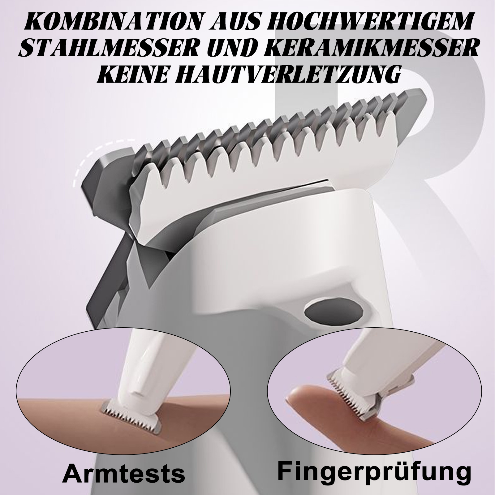 Nahaufnahme von Rasierklingen, Text: Kombination aus hochwertigen Stahl- und Keramikklingen, keine Hautverletzung.