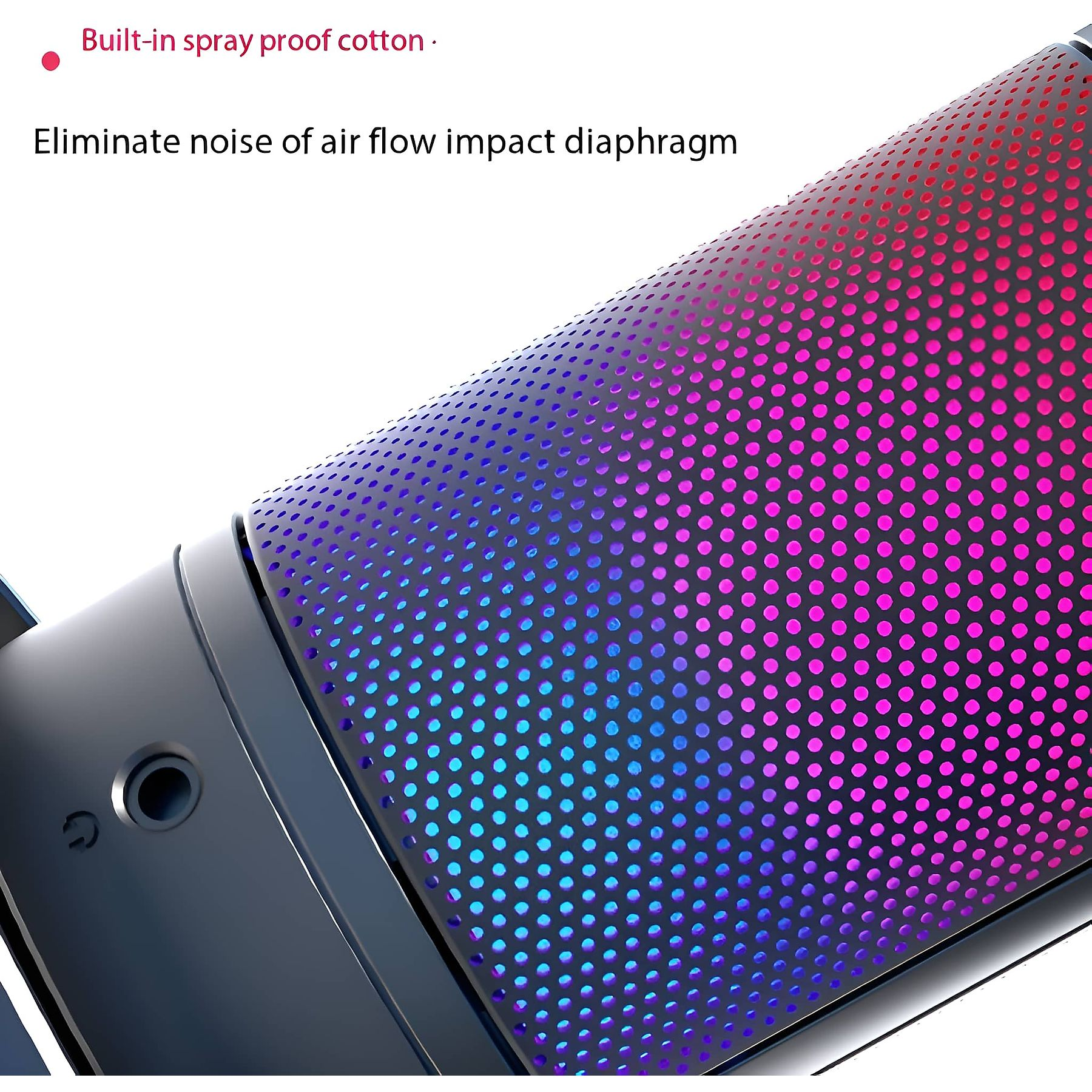 Nahaufnahme eines Mikrofons mit blau-lila-rosa perforierter Oberfläche mit Text.