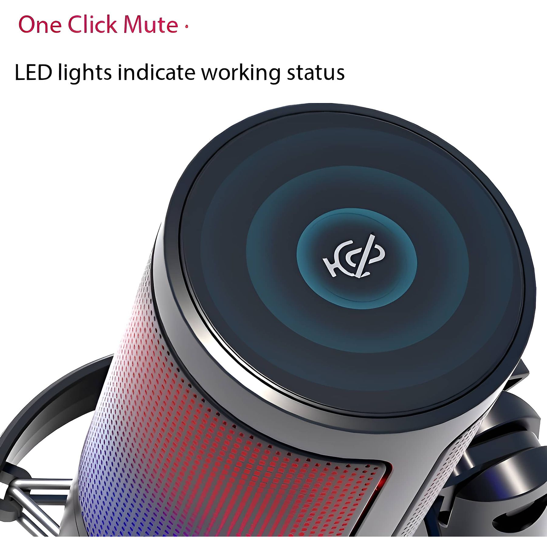 Nahaufnahme eines Mikrofons, Text: One-Click-Mute, LED-Leuchten zeigen den Arbeitsstatus an.