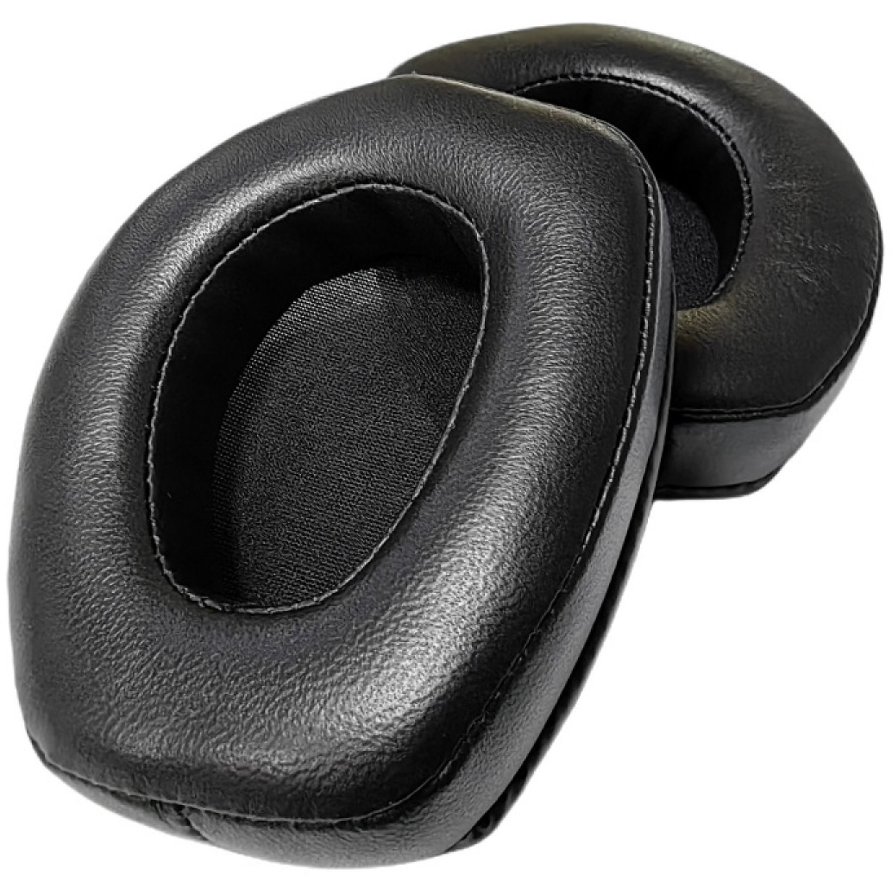 Zwei schwarze Kopfhörer-Ohrpolster. Sie sind oval geformt mit weicher Textur und schwarzem Innennetz.