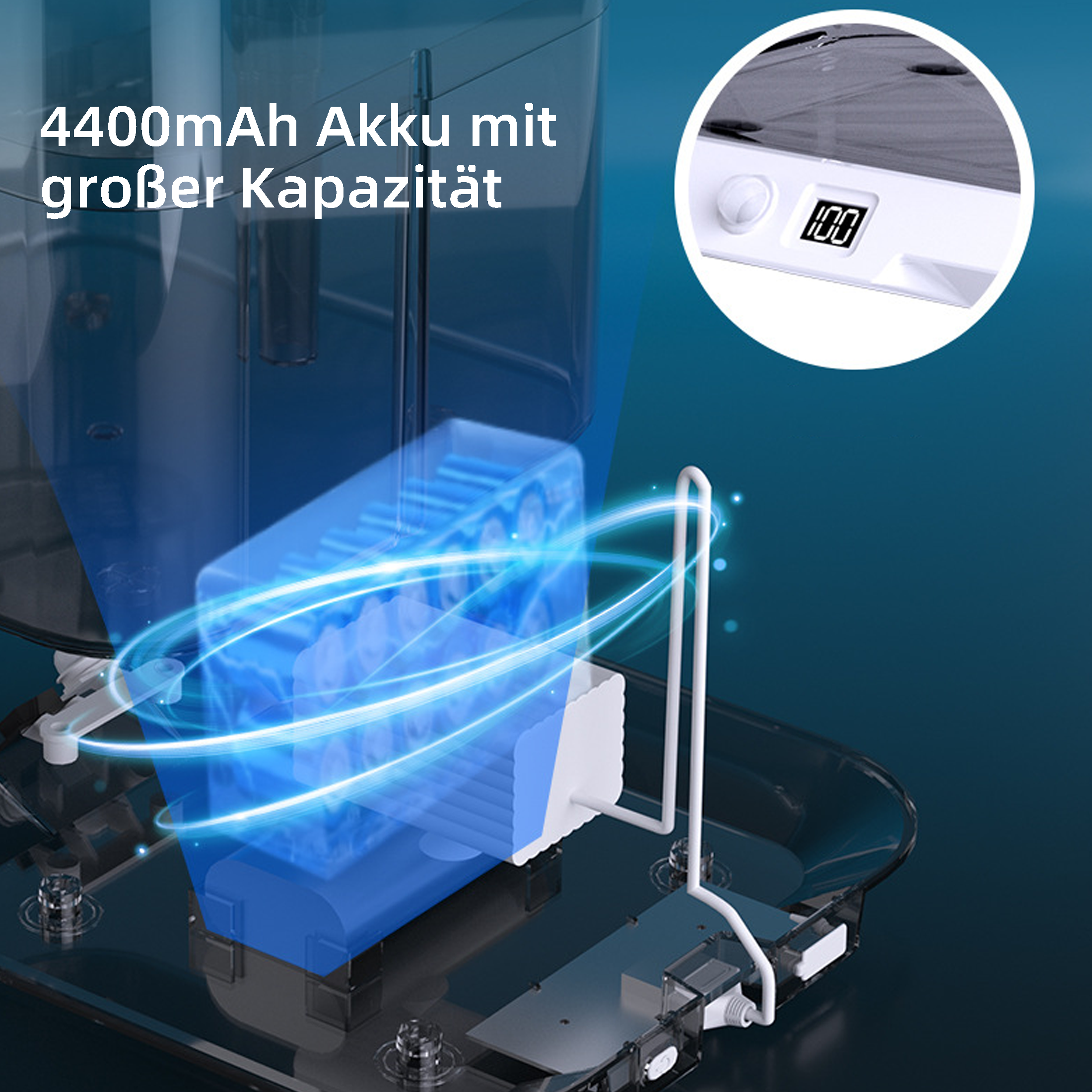 Diagramm eines Haustier-Wasserbrunnens mit Batterie und Wasserfluss. Eine Einlage zeigt den Akkustand.