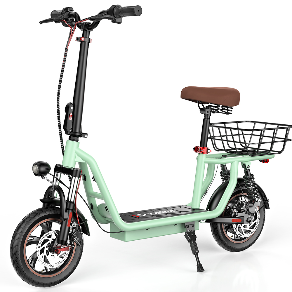 Scooter verde menta con cestino, sedile e manubrio nero.