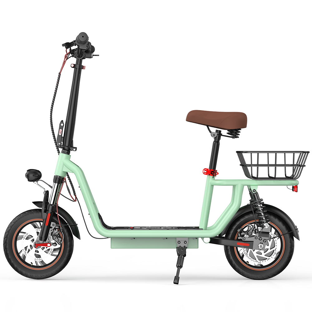 Scooter verde menta con cestino, sedile e manubrio nero.