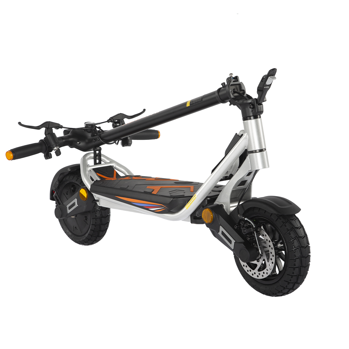 Biało-czarny skuter z pomarańczowymi akcentami.