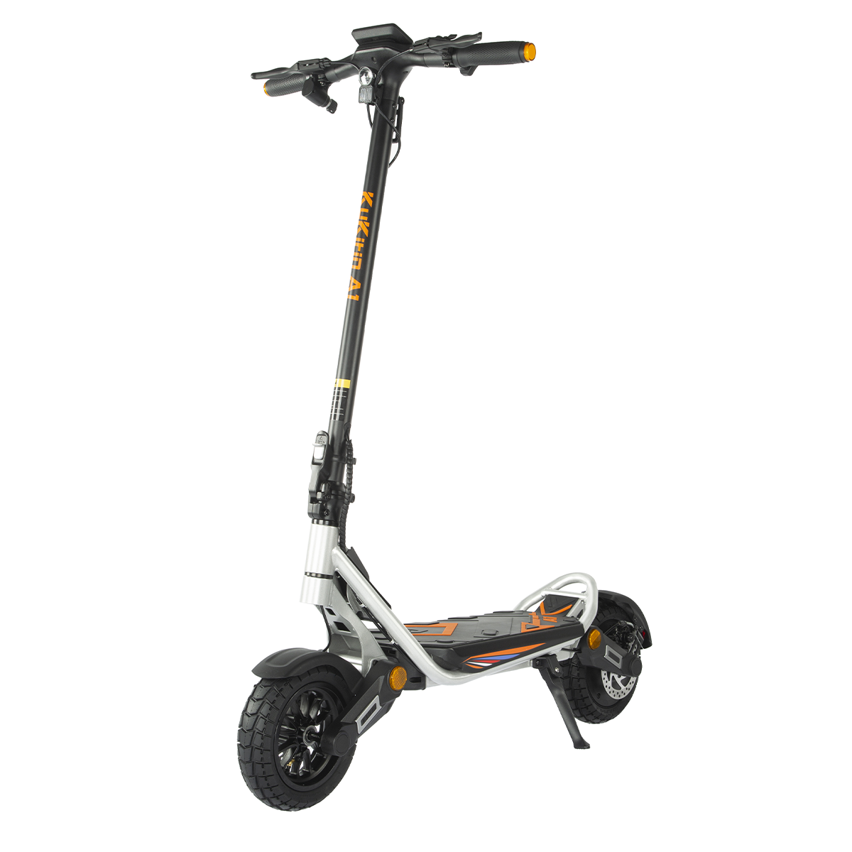 Hulajnoga elektryczna z czarnymi i pomarańczowymi akcentami na białym tle.