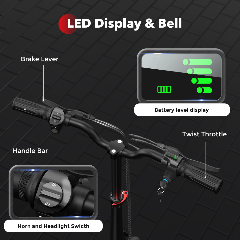 Manubrio dello scooter che mostra il display del livello della batteria e l'interruttore del clacson.