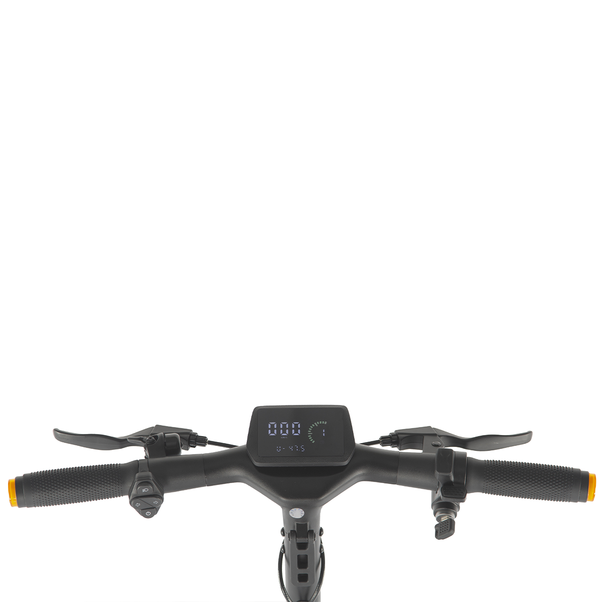 Kierownica skutera z wyświetlaczem cyfrowym i kontrolkami.