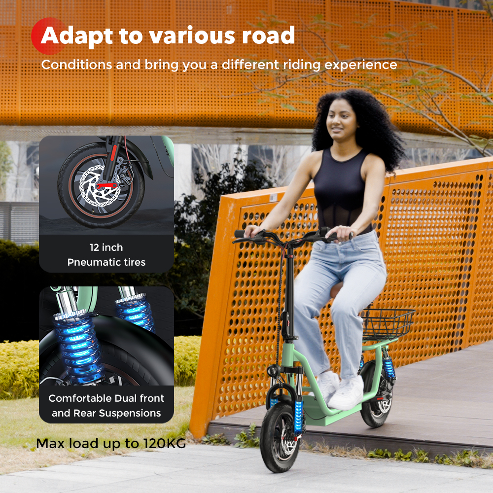 Donna su scooter verde, testo sulle condizioni stradali, ruote e sospensioni.