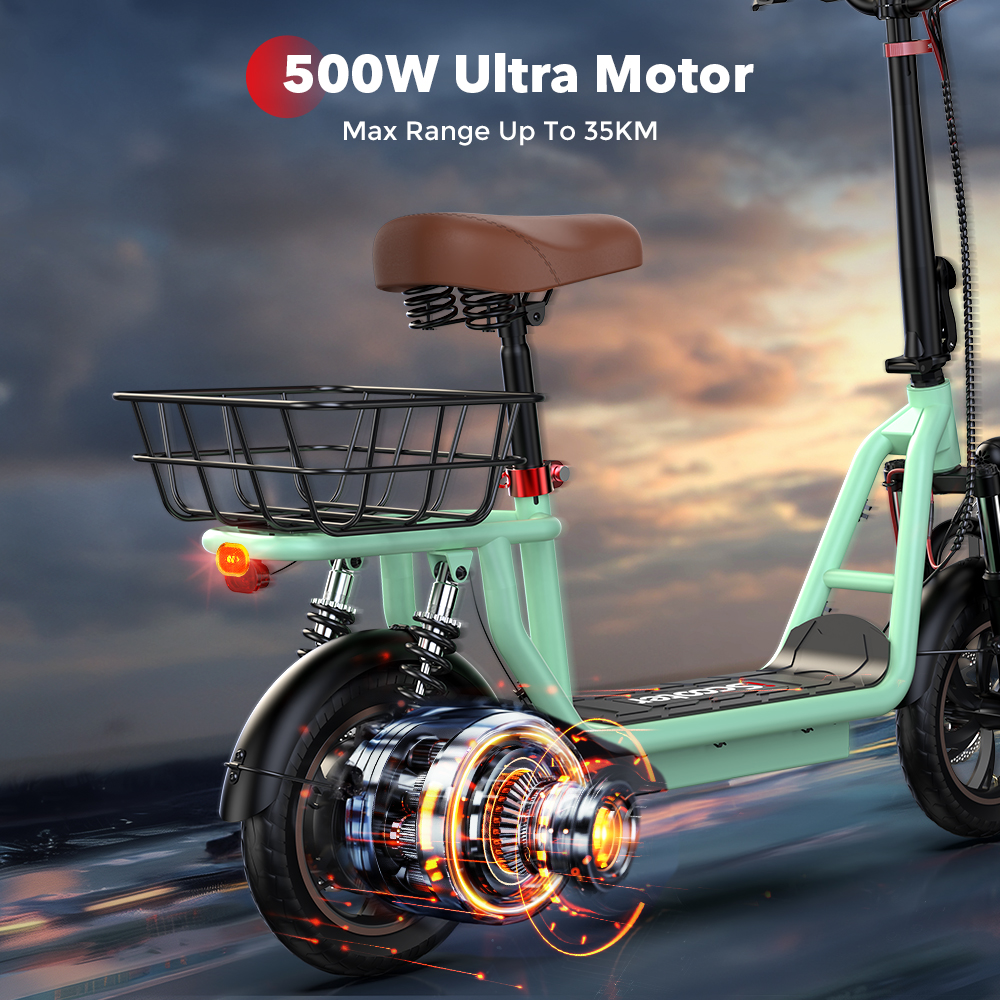 Uno scooter elettrico verde con sella marrone, un cestino e una luce rossa sul retro.