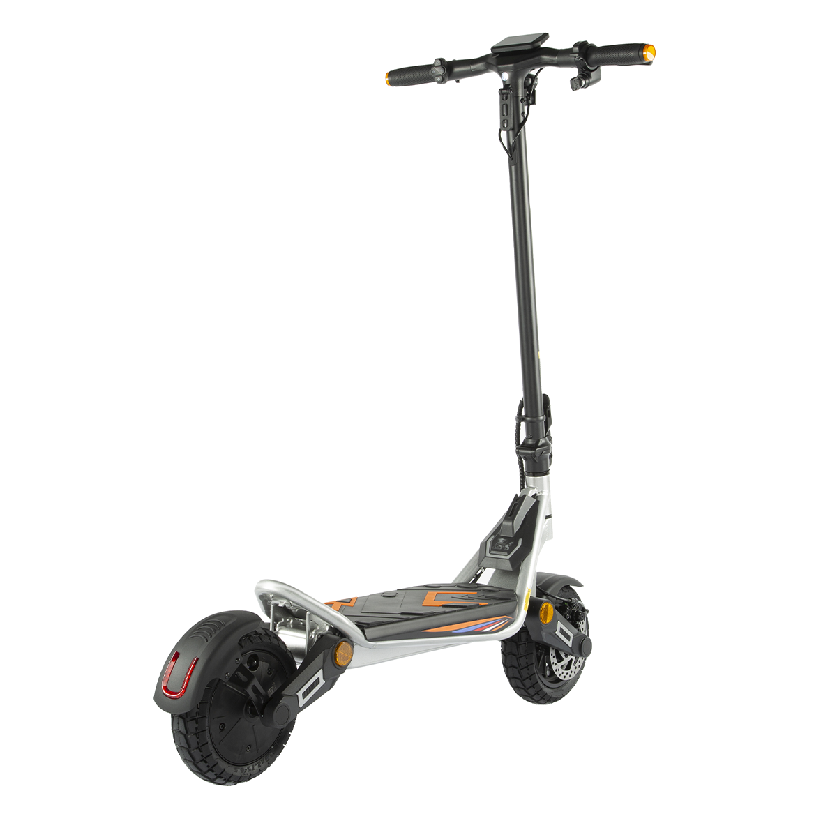 Hulajnoga elektryczna z czarnymi kołami, pomarańczowymi akcentami i czerwonym światłem tylnym.