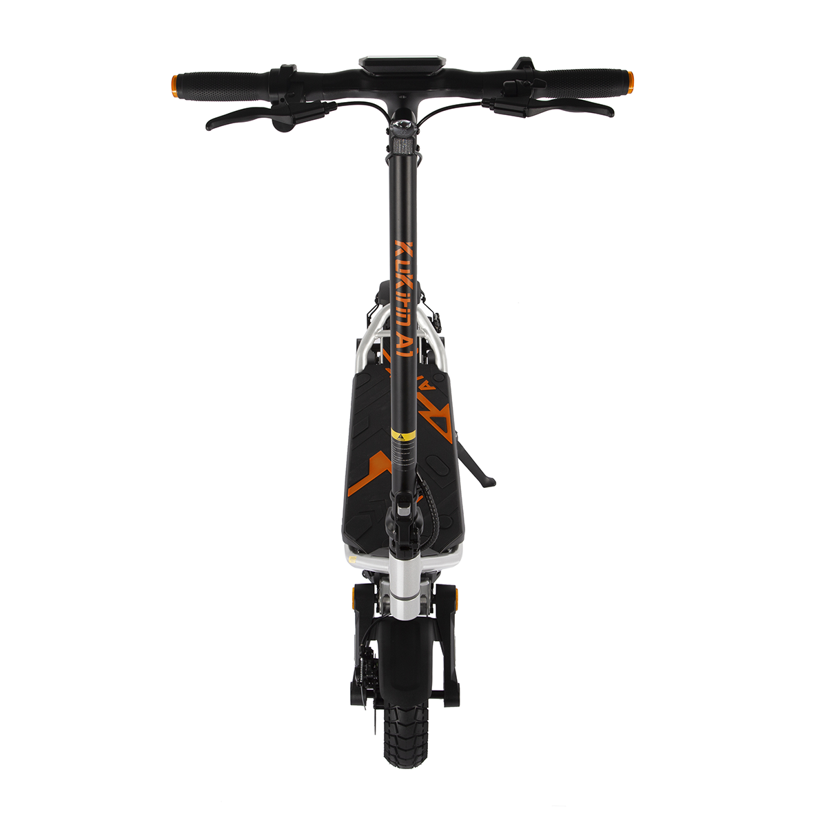 Hulajnoga elektryczna widziana z przodu. Czarna kierownica i biało-pomarańczowy pokład.