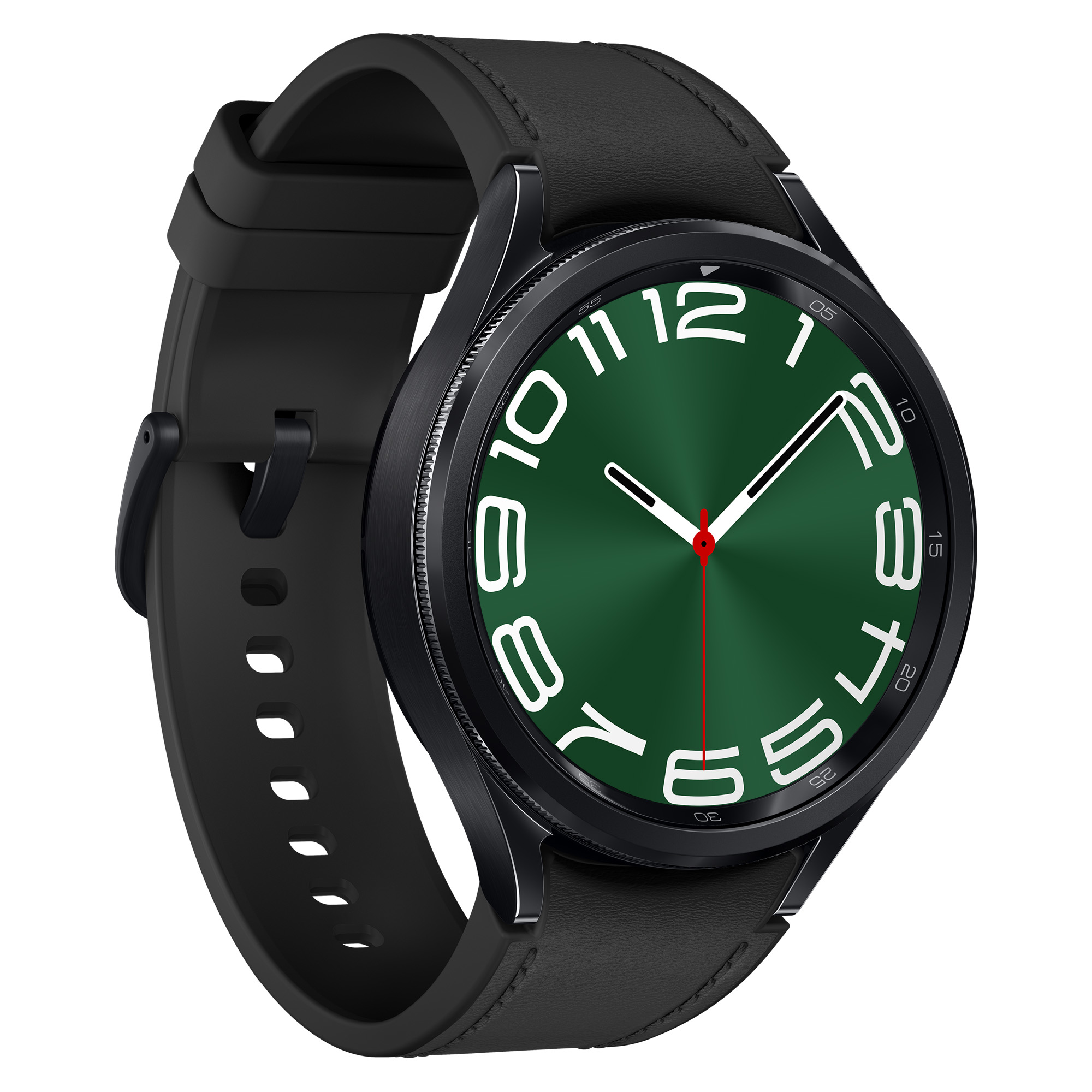 Czarny smartwatch z zieloną tarczą z białymi cyframi i wskazówkami.