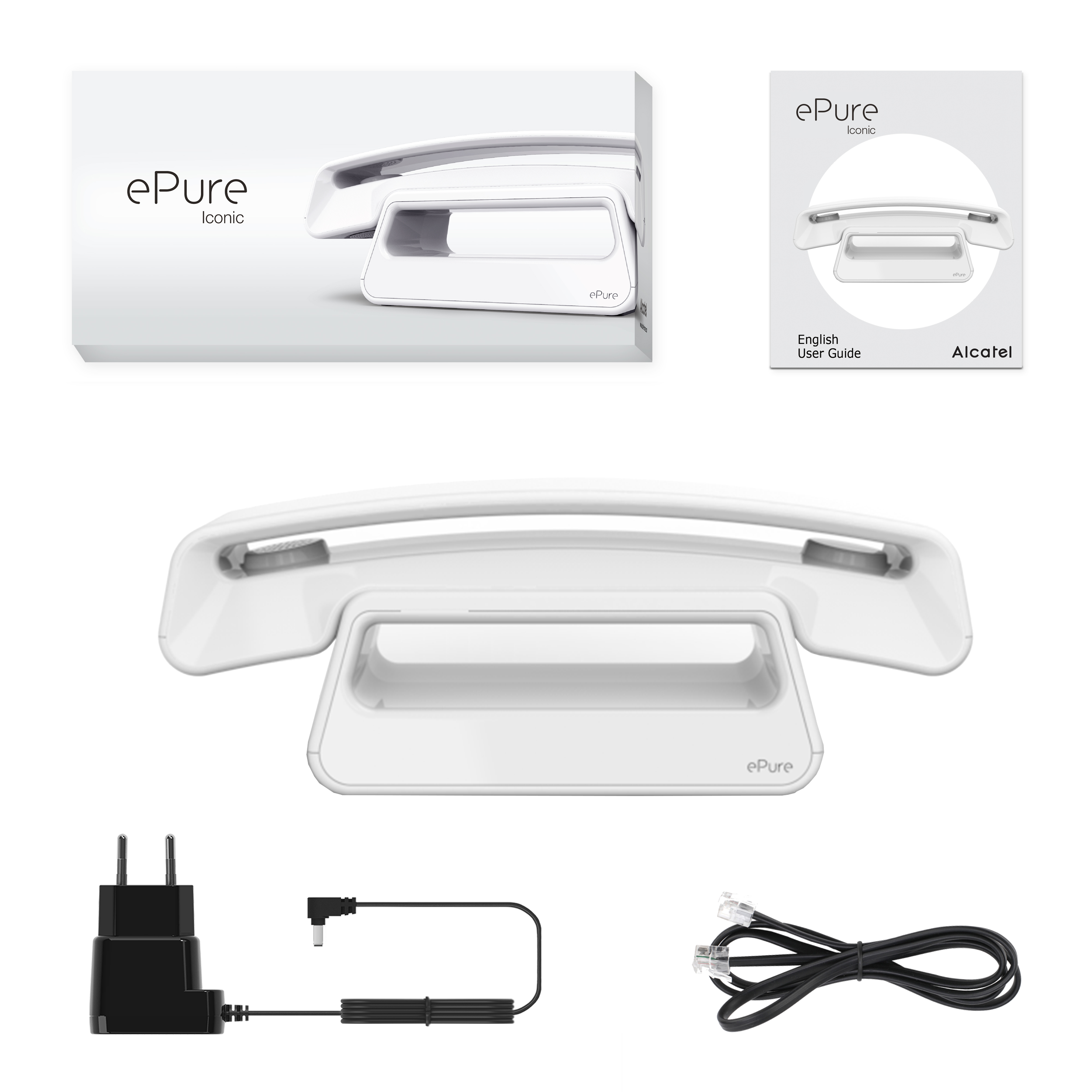 Téléphone ePure Iconic blanc, boîte et guide d'utilisation. Accessoires : chargeur, câble et câble téléphonique.