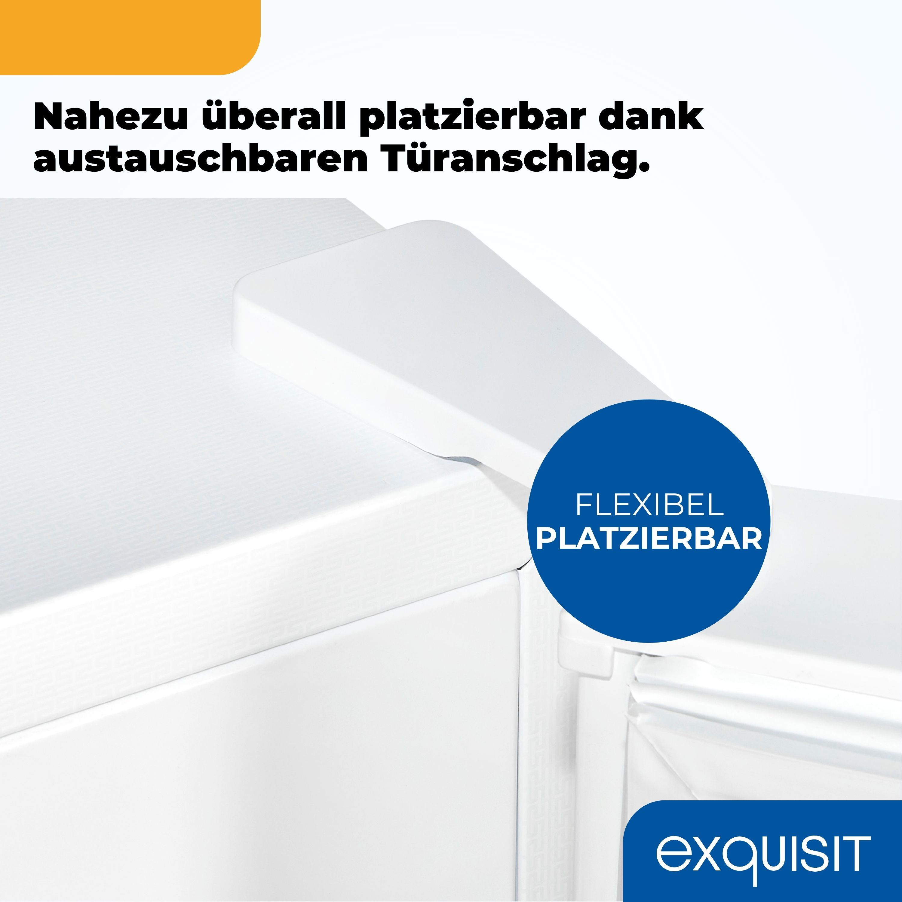Nahaufnahme weißer Möbel mit Text: 'Flexible Platzierung'.