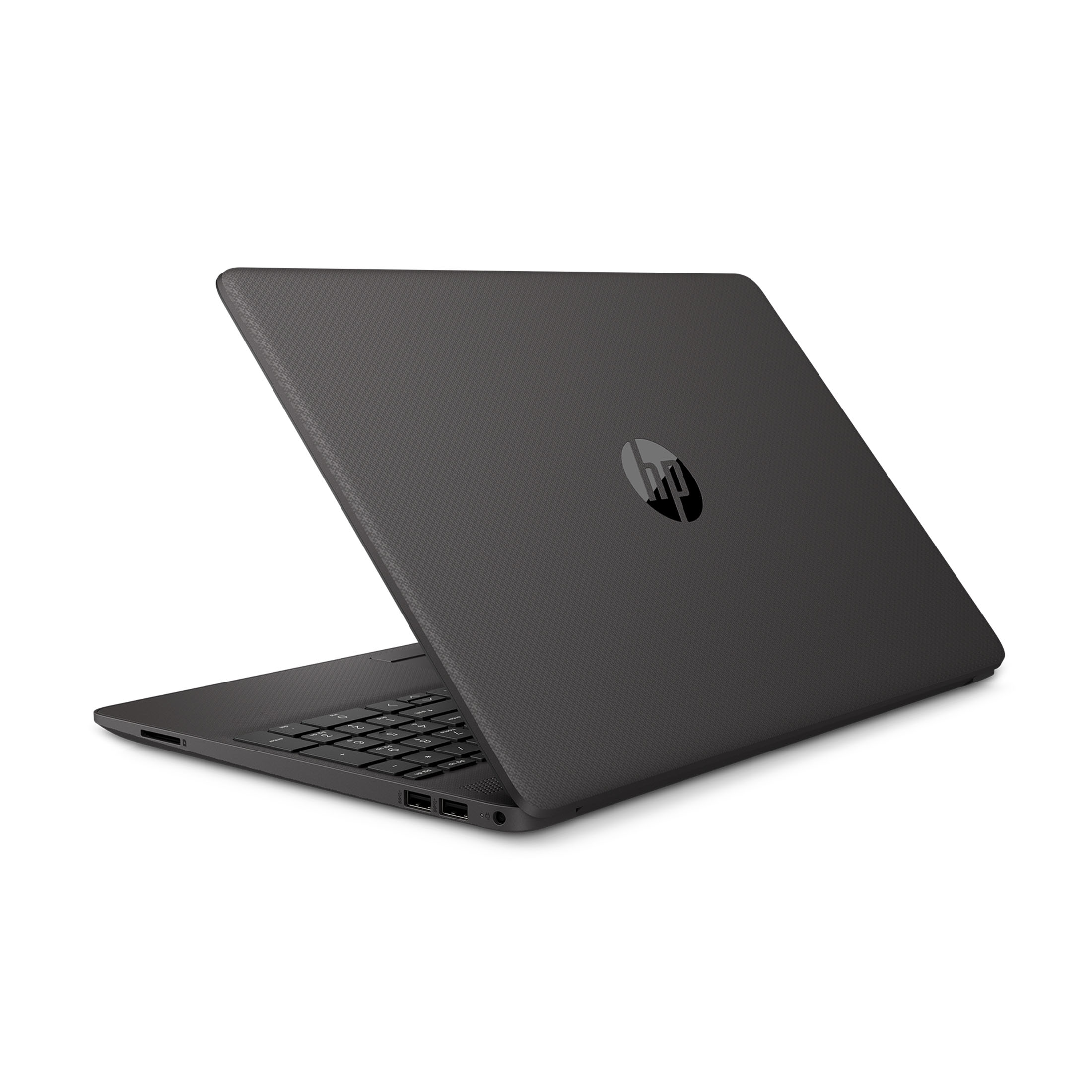 Laptop HP nero, leggermente angolato, aperto su sfondo bianco. Logo HP visibile.