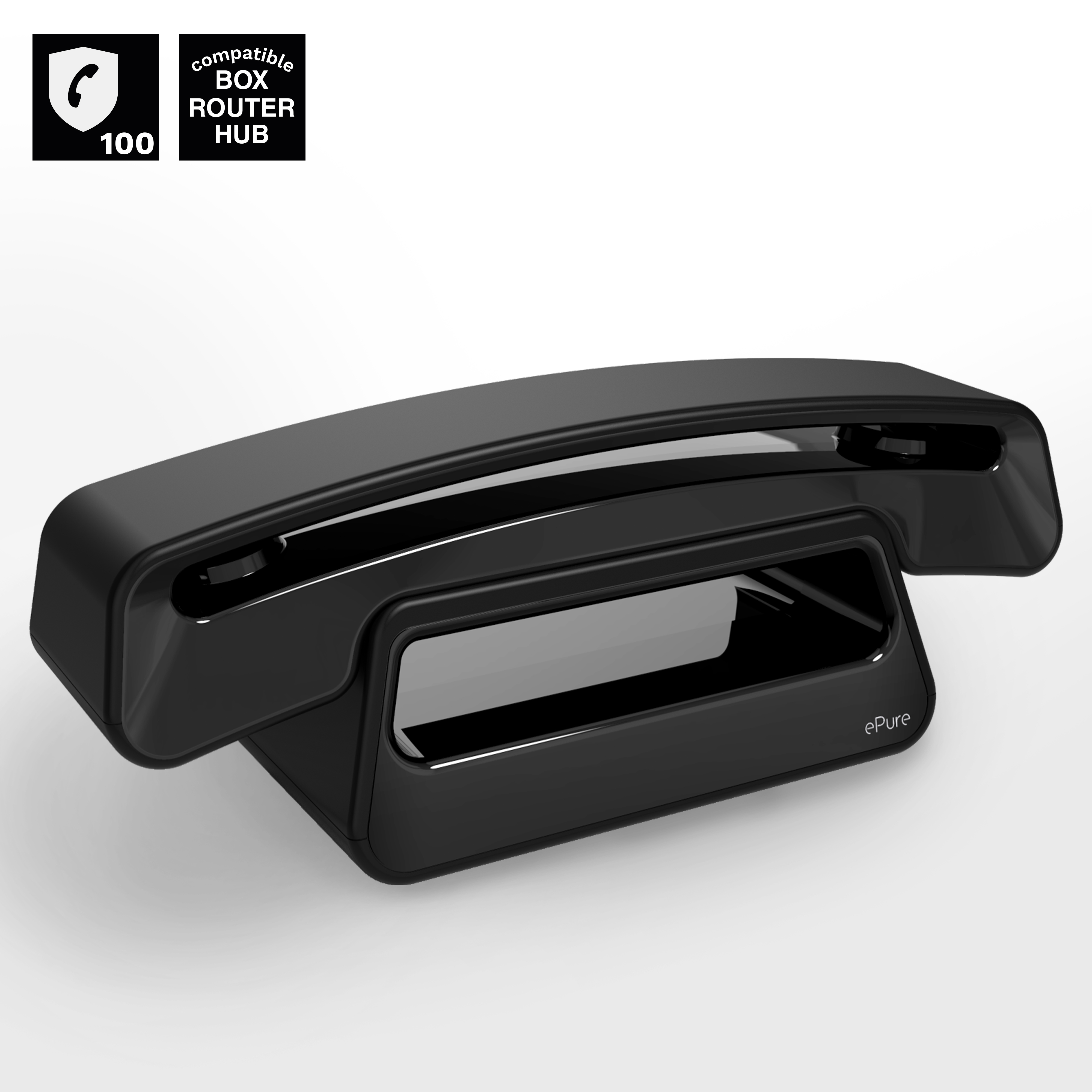 Téléphone ePure noir sur fond blanc. Compatible avec l'étiquette du concentrateur du routeur de boîte.