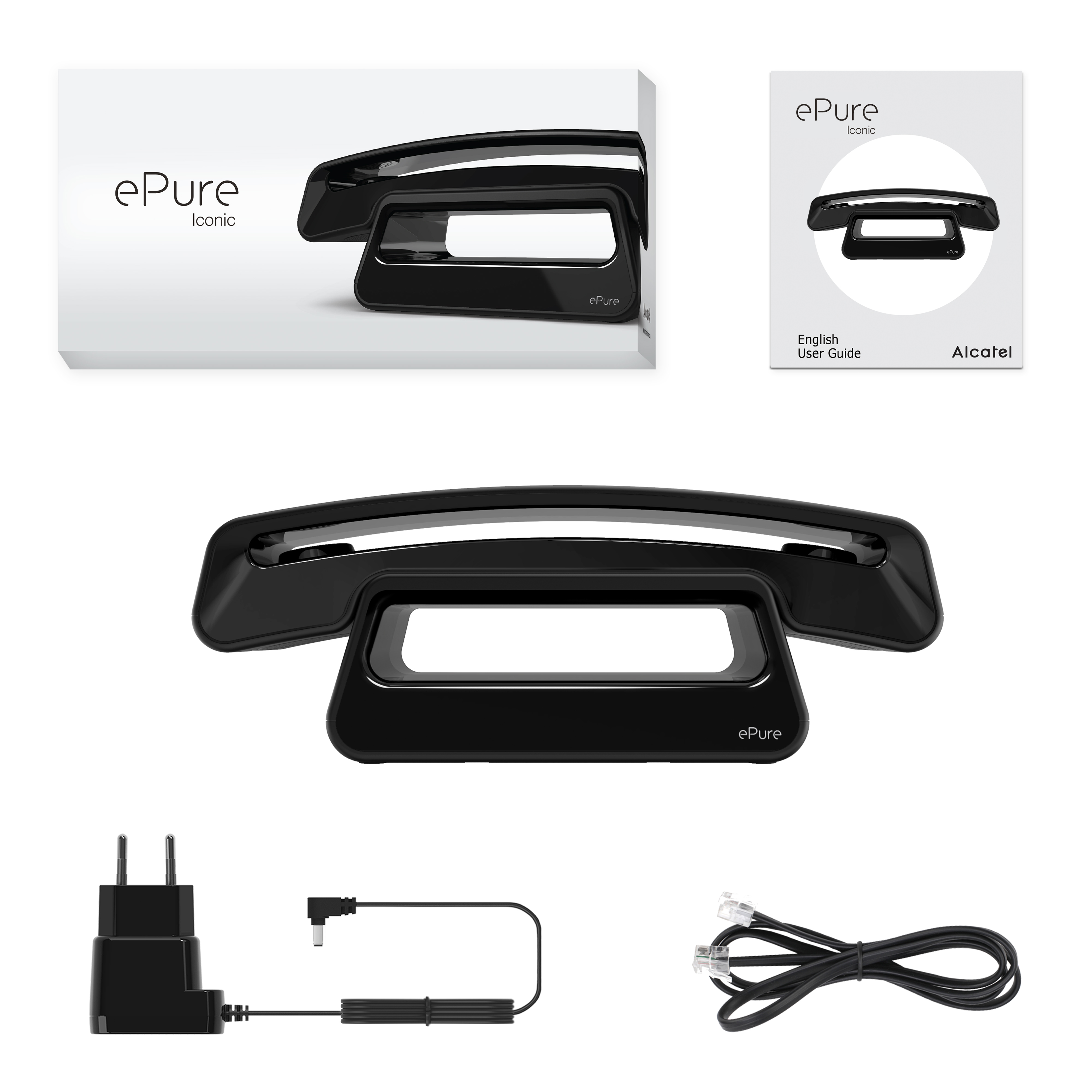 Téléphone ePure Iconic noir, boîte et guide d'utilisation. Accessoires : chargeur, câble et câble téléphonique.