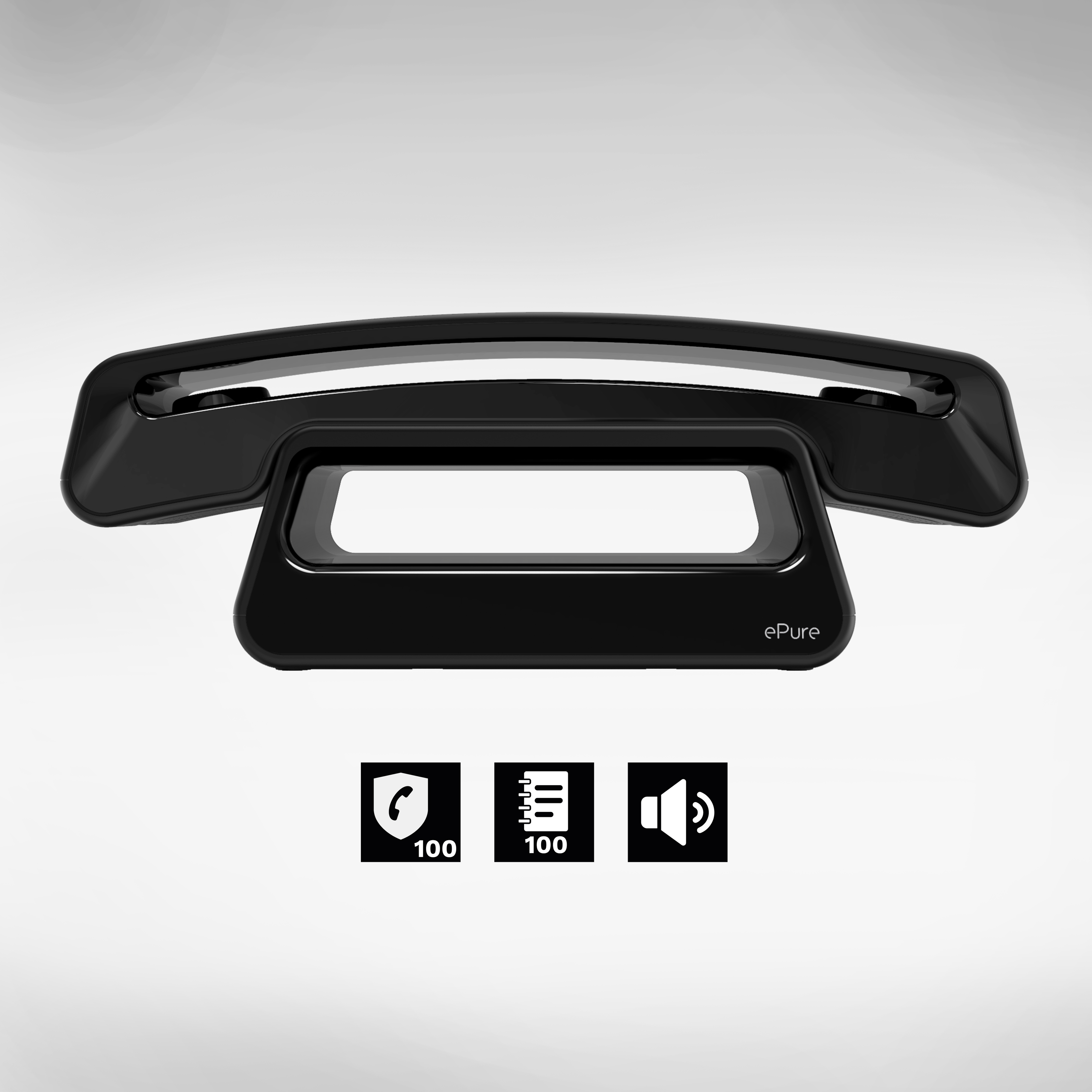 Téléphone ePure noir avec icônes d'appel, de message et de son. 100, 100 et icônes sonores.