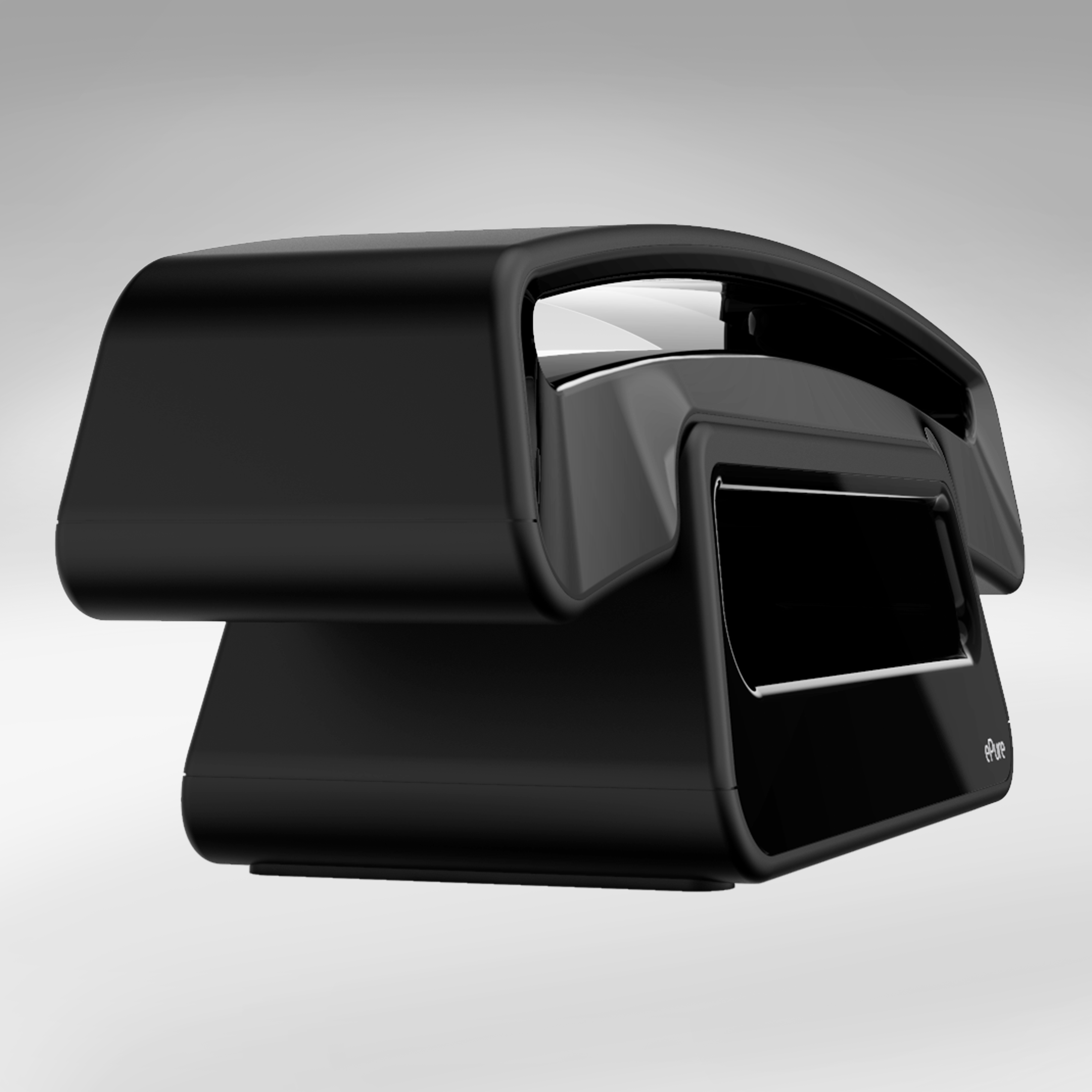 Téléphone ePure noir, vue en angle. Finition brillante, design moderne.