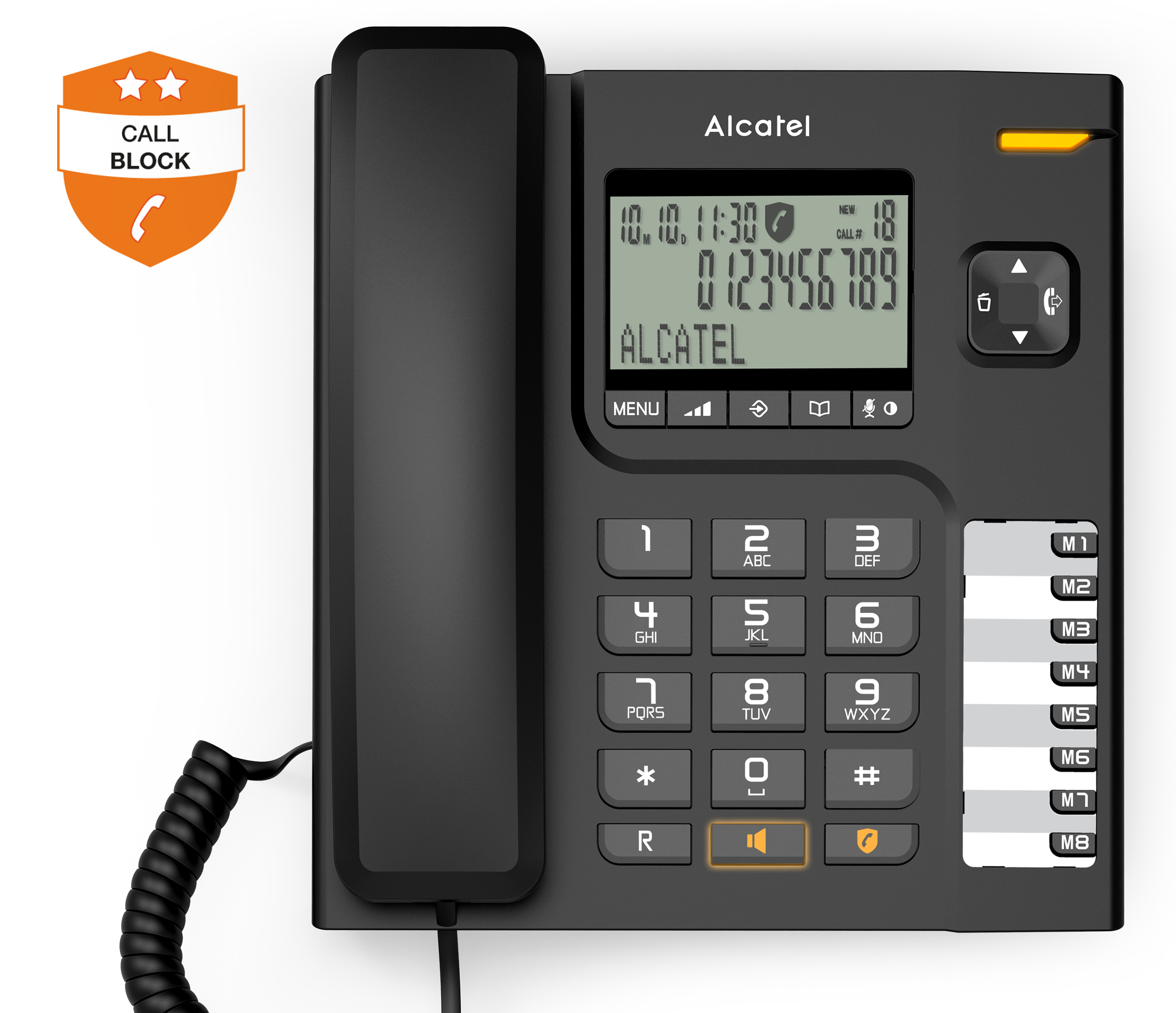 Zwarte Alcatel-telefoon met nummers, display met tijd en knoppen op zwarte achtergrond. Er is een oproepblokkeringslogo aanwezig.