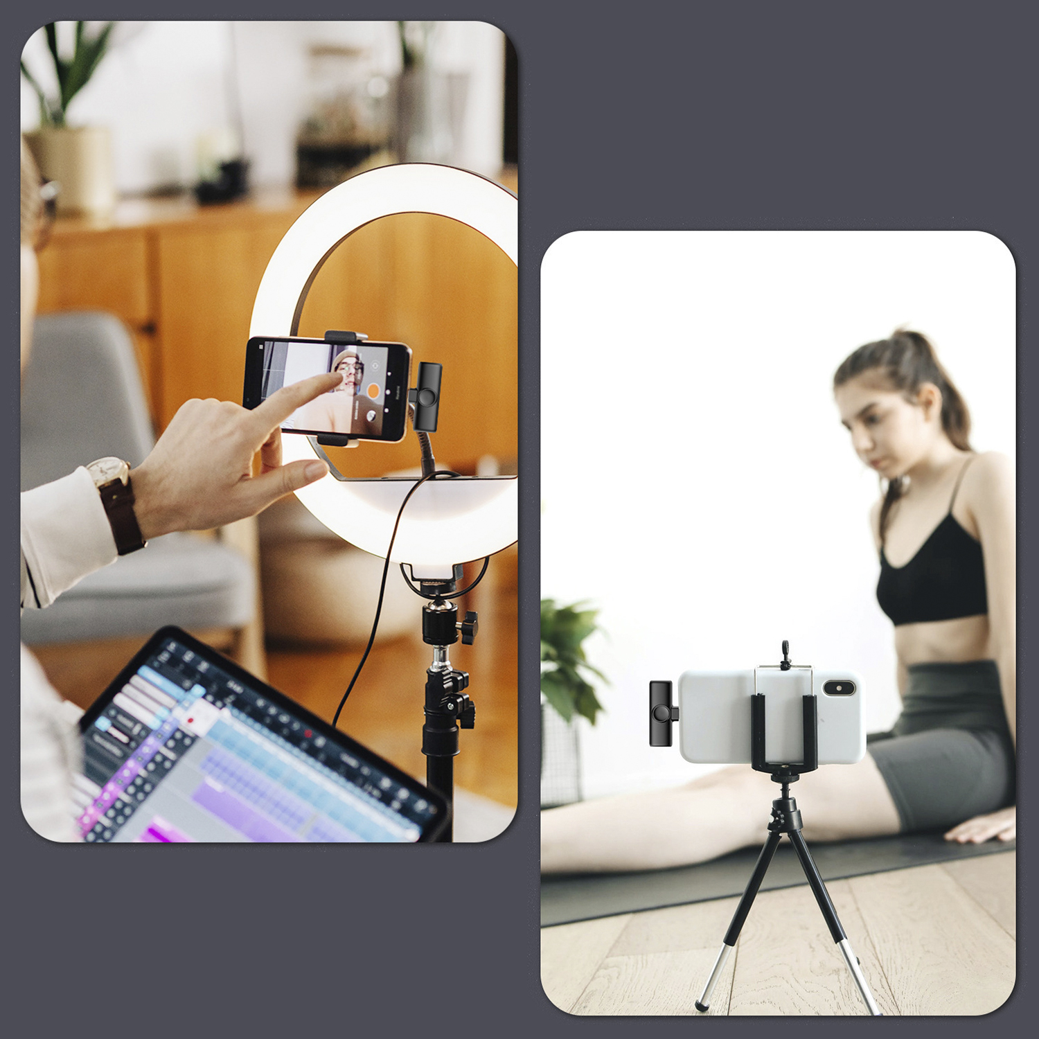 Due immagini: uomo usa telefono con luce ad anello e donna registra yoga. Telefoni su treppiedi, sfondo grigio.