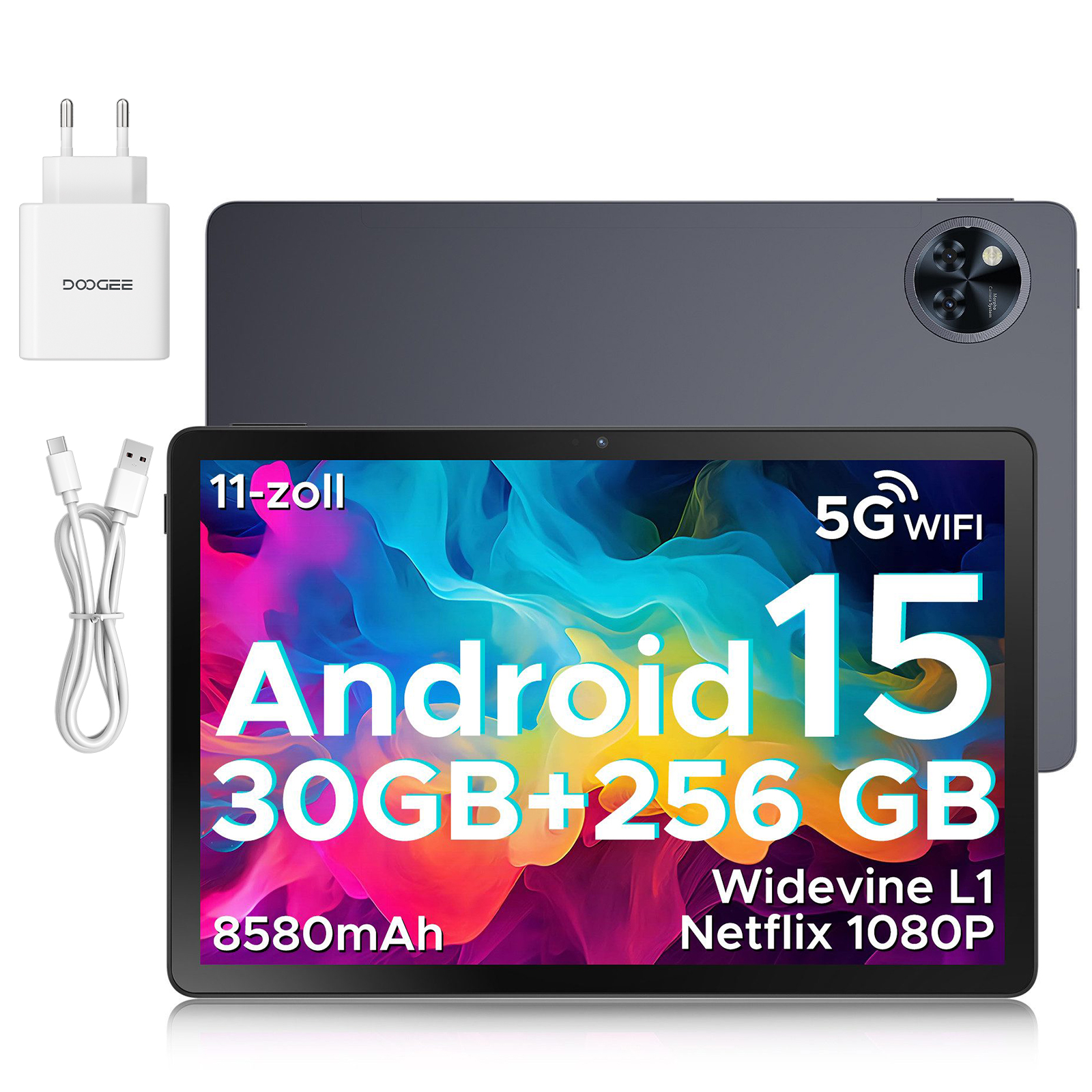 Ein Tablet mit dunkelgrauem Rücken, weißem Ladegerät und Kabel. Der Bildschirm zeigt Android 15 mit Spezifikationen.