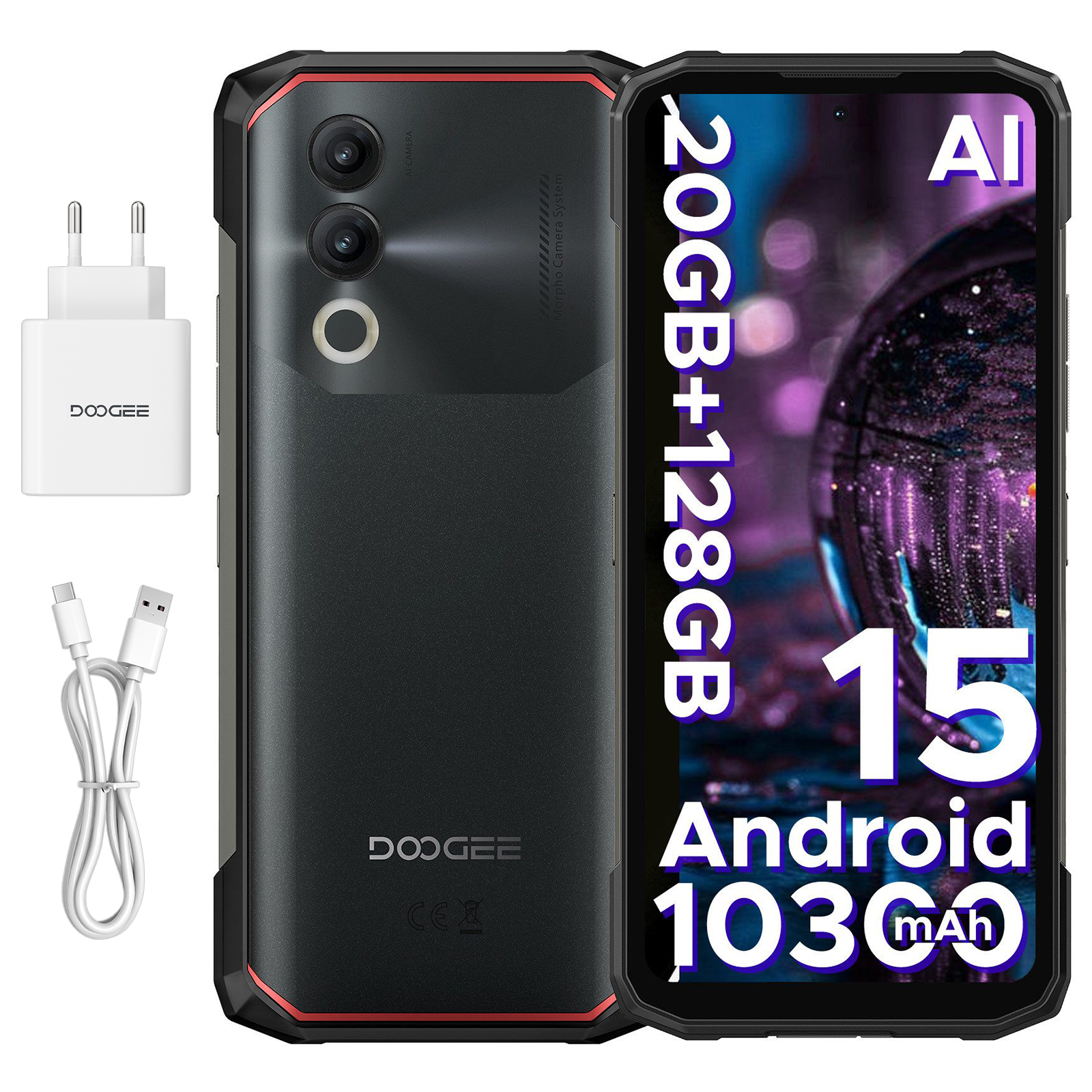 Ein schwarzes Telefon mit Ladegerät und Kabel. Der Bildschirm zeigt Android 15 mit Spezifikationen.