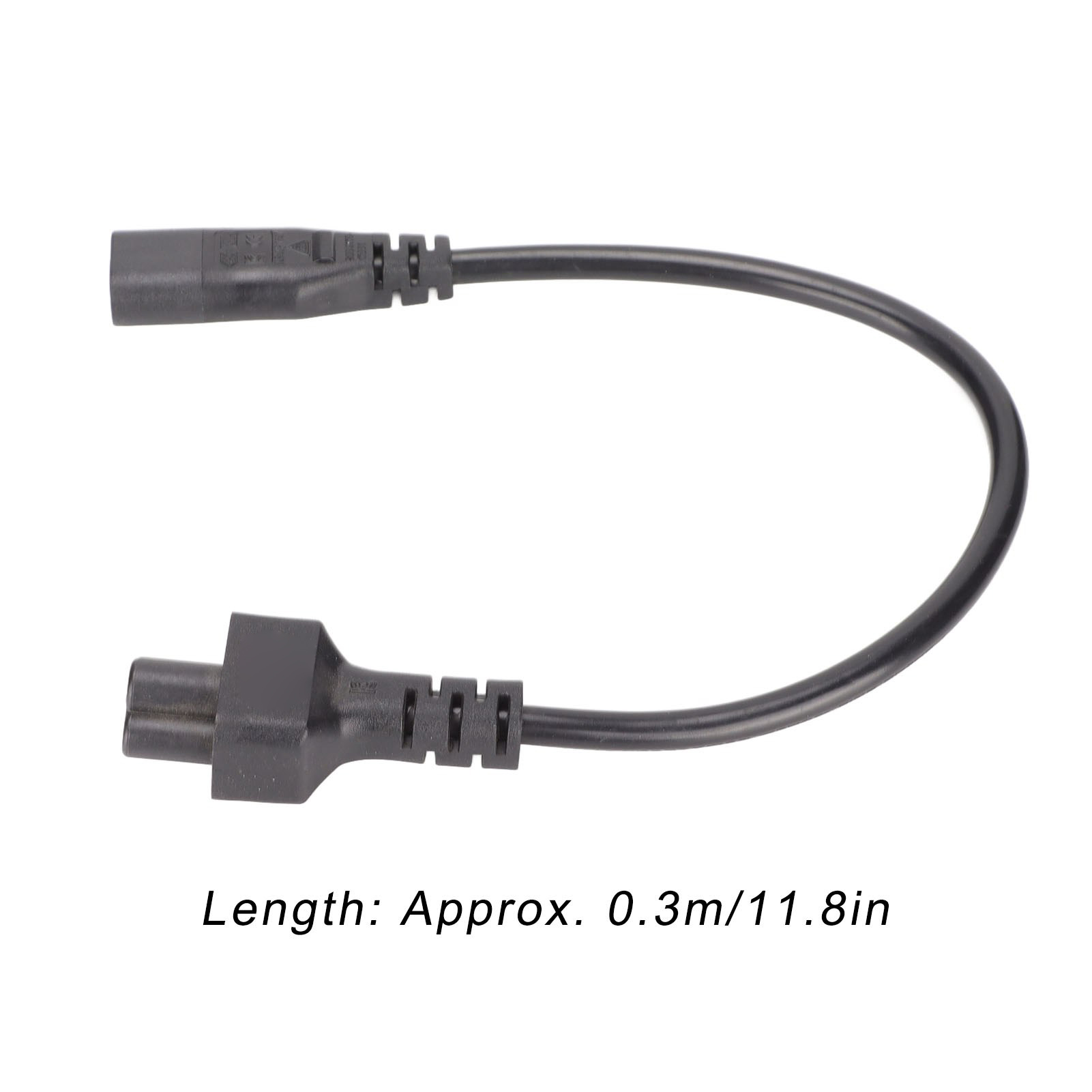 Schwarzes Netzkabel, mit Text, der besagt, dass die Länge ca. 0,3 m/11,8 Zoll beträgt.