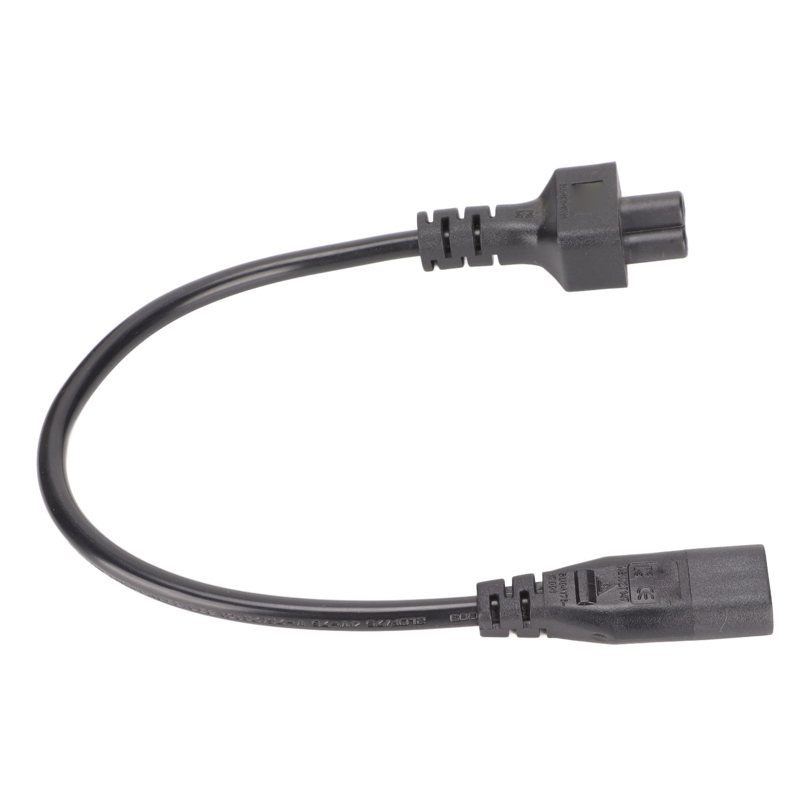 Schwarzes Netzkabel mit IEC-Stecker an einem Ende.