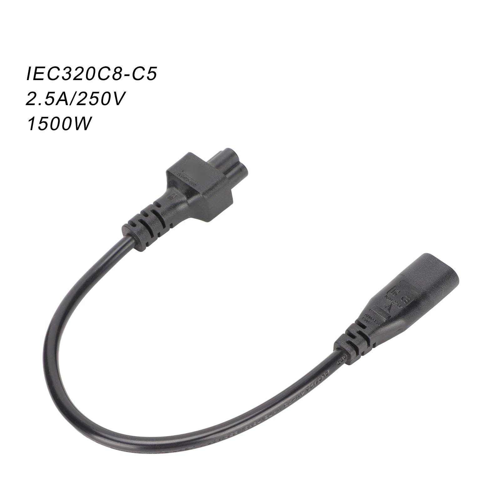 Schwarzes Netzkabel mit Text: IEC320C8-C5 2,5A/250V 1500W.