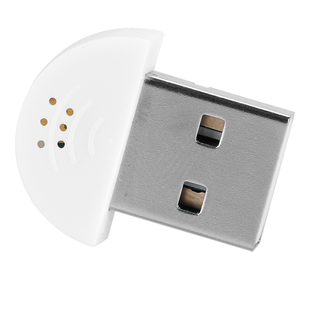 Ein USB-Mikrofon mit weißer, halbkreisförmiger Oberseite und silbernem USB-Anschluss.