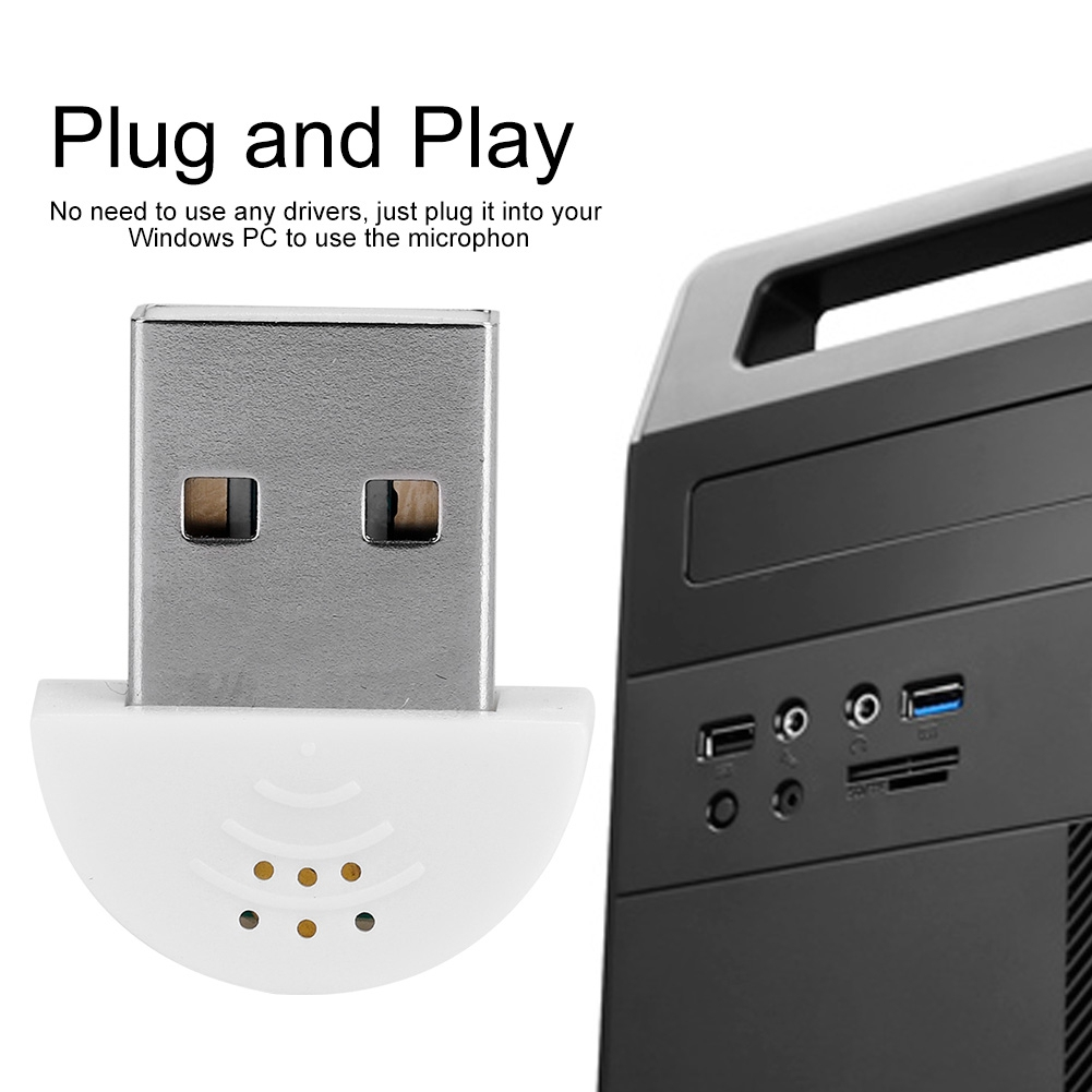 Ein USB-Mikrofon an einem Computer angeschlossen. Text sagt Plug and Play.