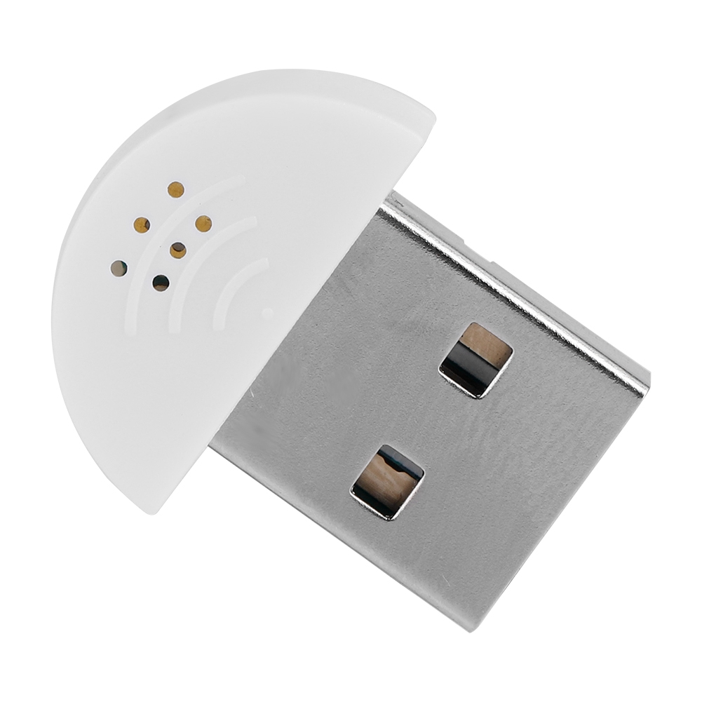 Weißes USB-Mikrofon. Es hat einen halbkreisförmigen Kopf mit Löchern und einen silbernen USB-Anschluss.