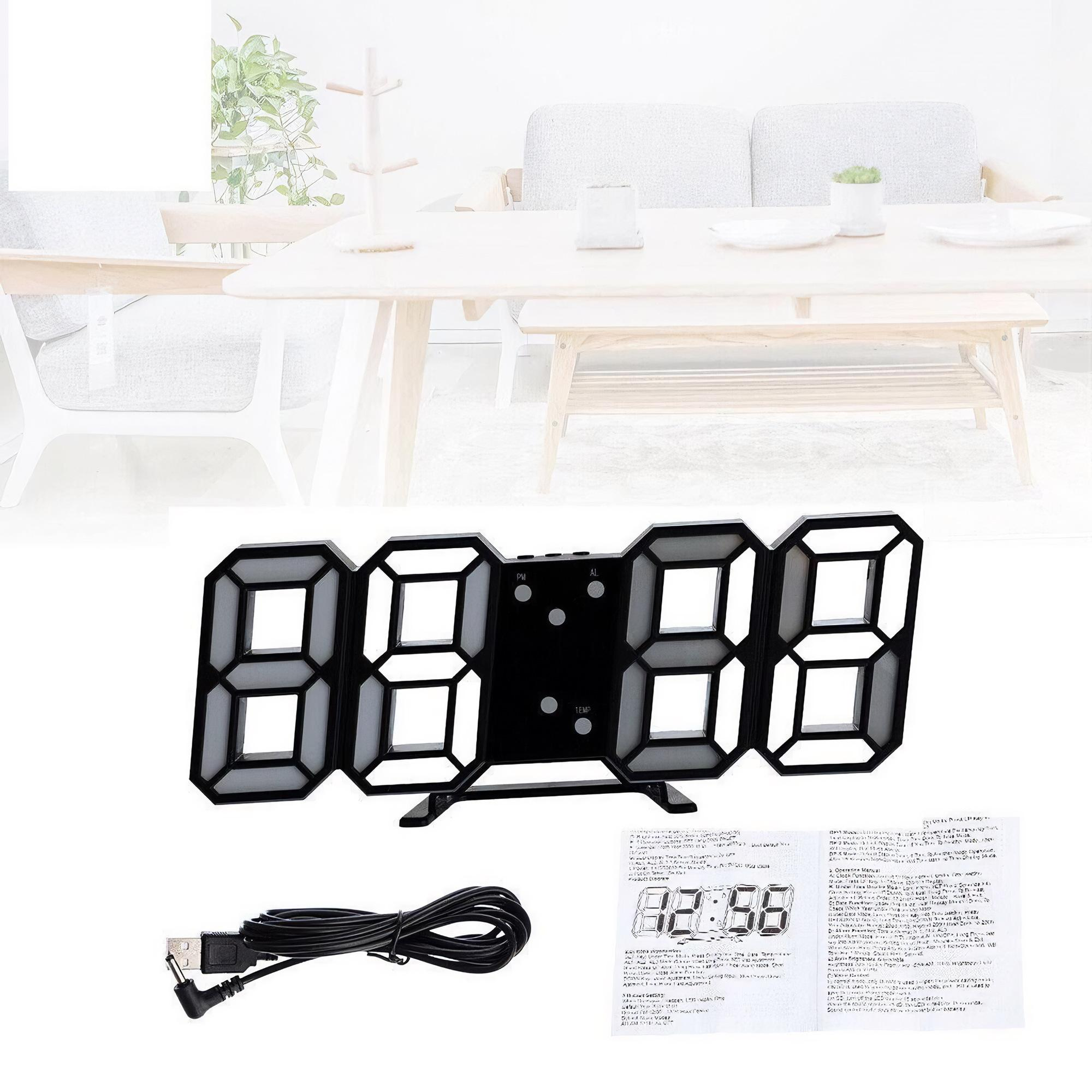 Schwarze Digitaluhr mit Anzeige 08:88, mit USB-Kabel und Handbuch.