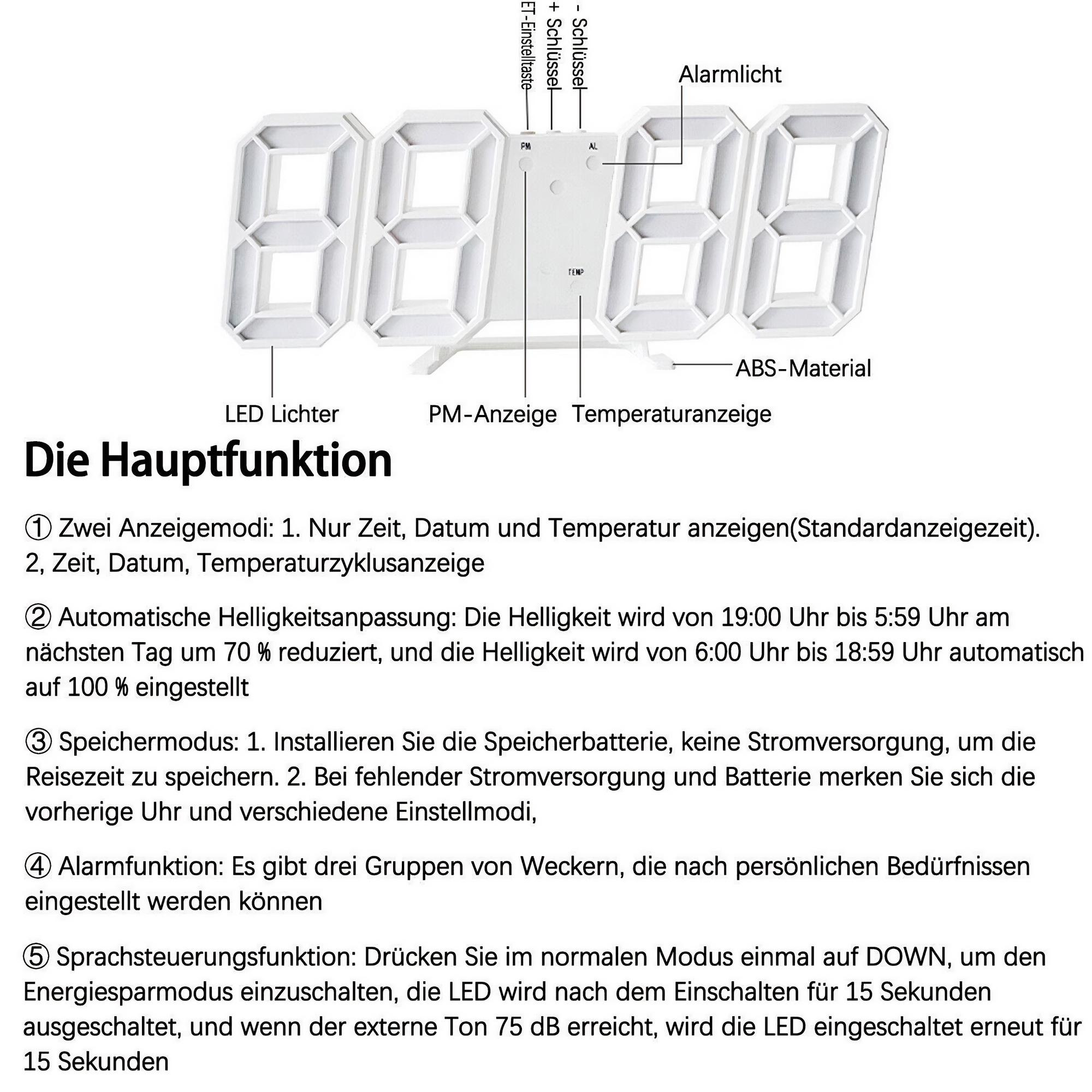 Eine weiße Digitaluhr mit weißen Ziffern und Text, der ihre Hauptfunktionen beschreibt.
